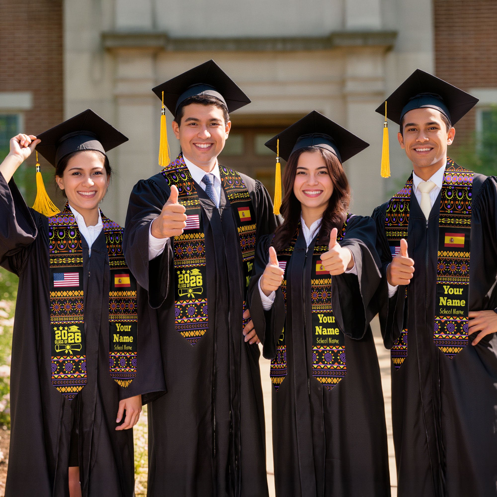 Customized Spain Graduation Stole Featuring National Flag Motif, Graduation Sash for Class of 2026