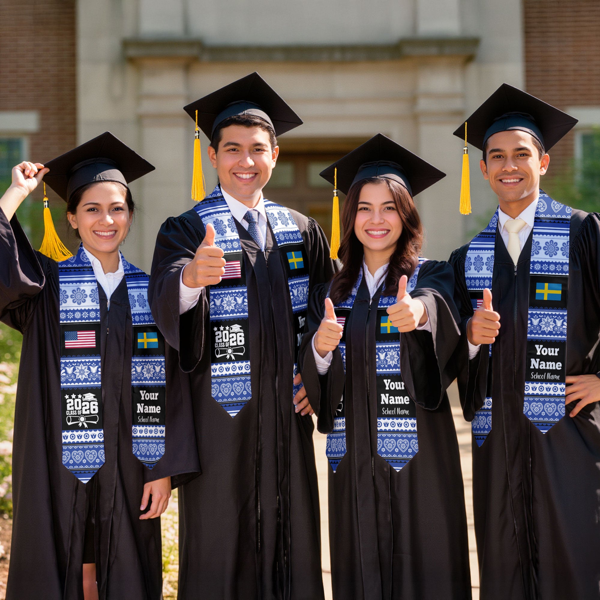 Customized Sweden Graduation Stole Featuring National Flag Motif, Graduation Sash for Class of 2026