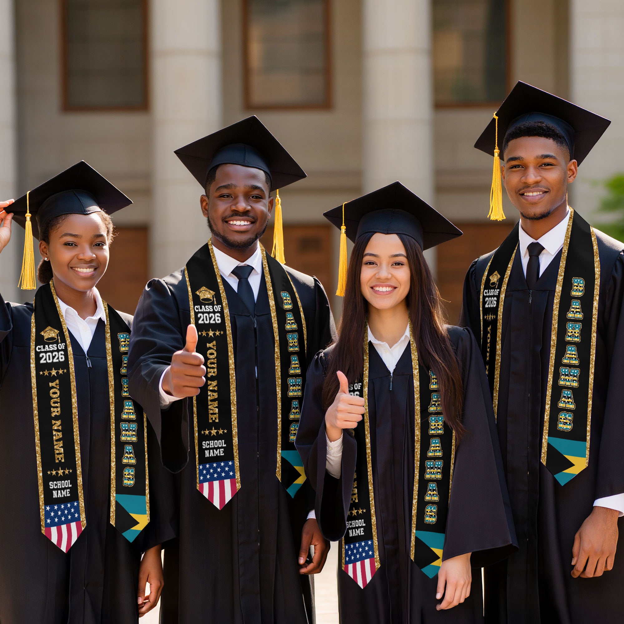 Bahamas Graduation Stole 2026, Bahamas Flag Sash, Personal Detail Option for Graduates