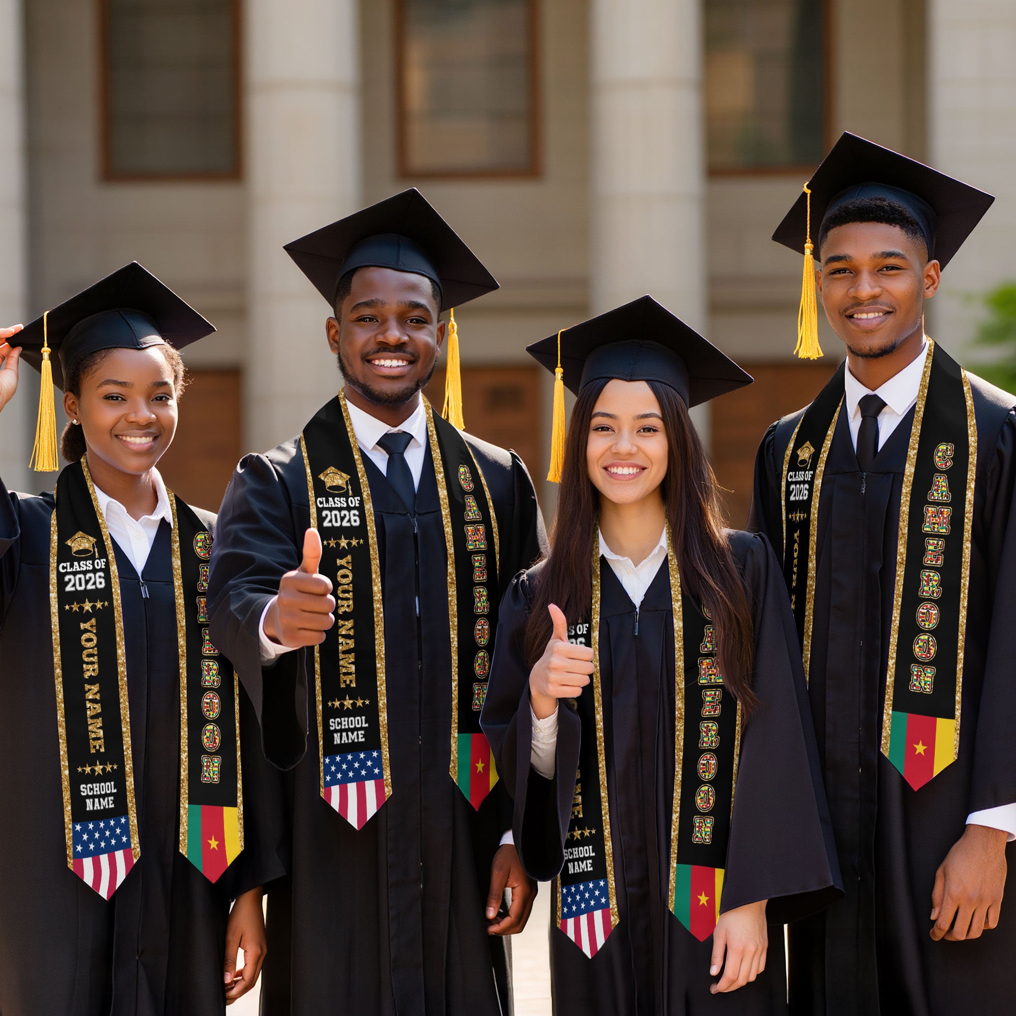 Cameroon Graduation Stole 2026, Cameroon Flag Sash, Personal Detail Option for Graduates