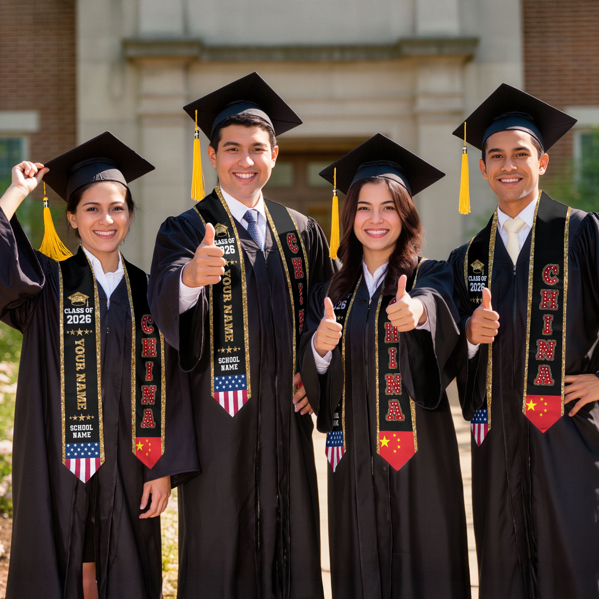 China Graduation Stole 2026, China Flag Sash, Personal Detail Option for Graduates