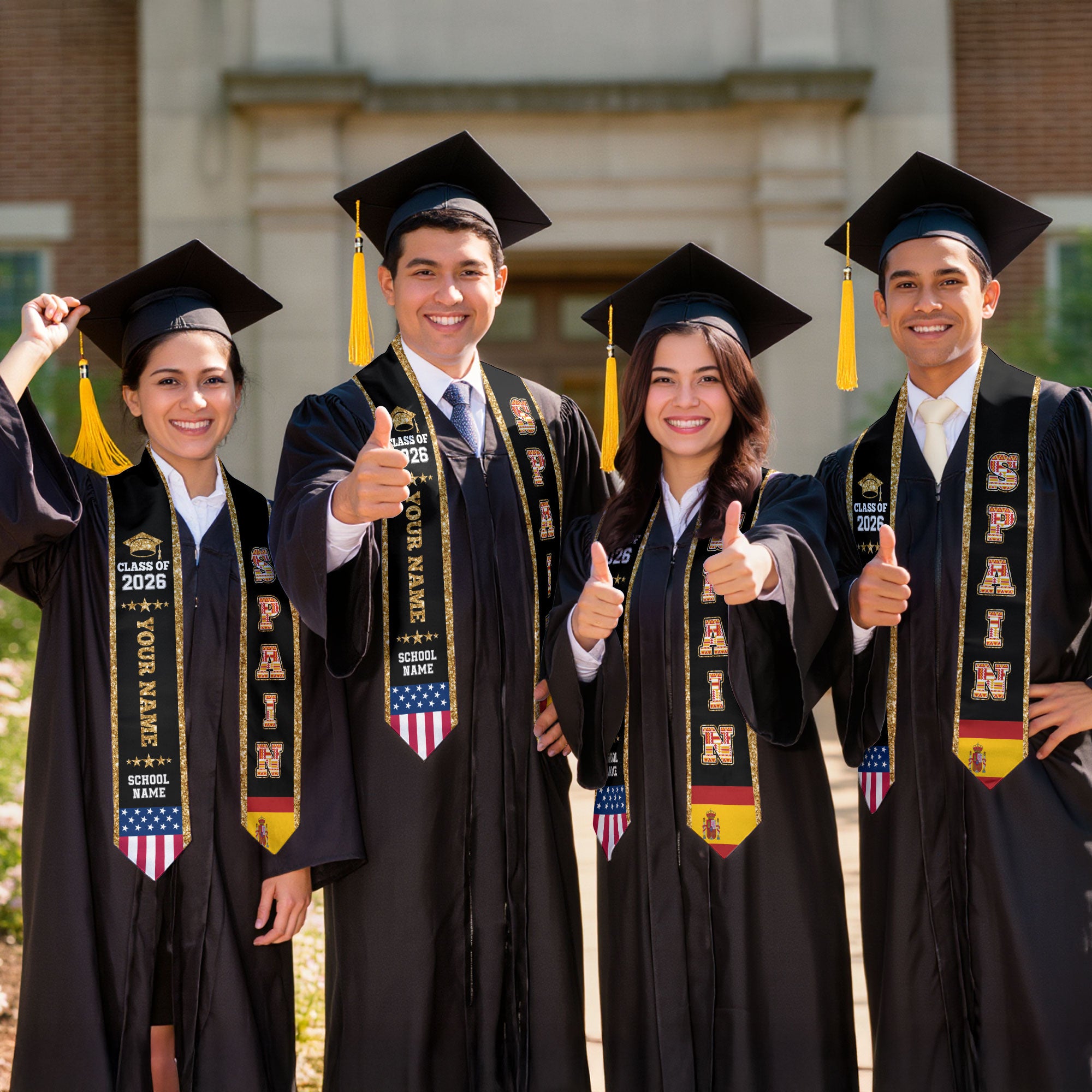 Spain Graduation Stole 2026, Spain Flag Sash, Personal Detail Option for Graduates
