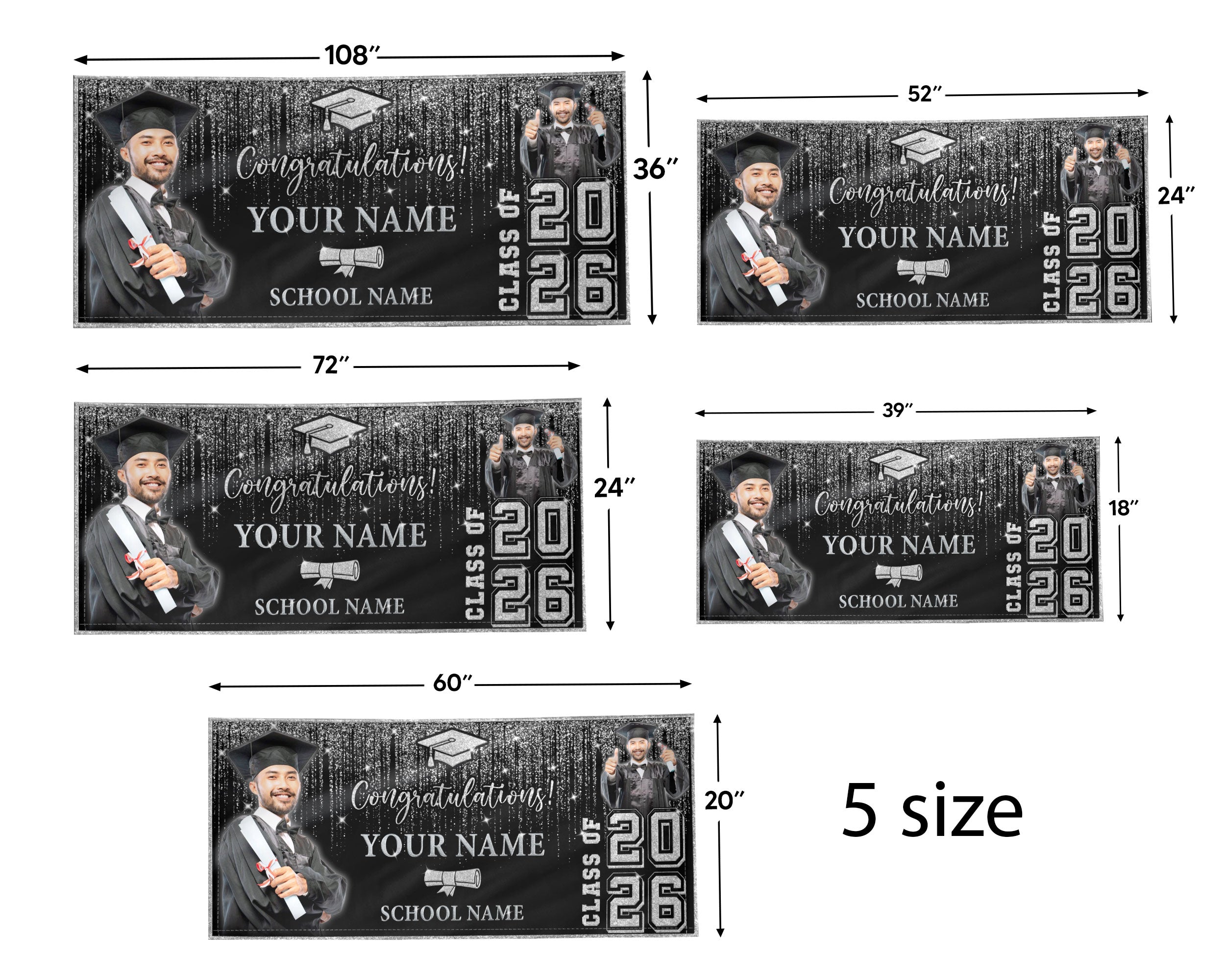 Custom Graduation Banner 2026 Photo Glitter Silver Curtain Pattern Congrats Grad Backdrop Personalized