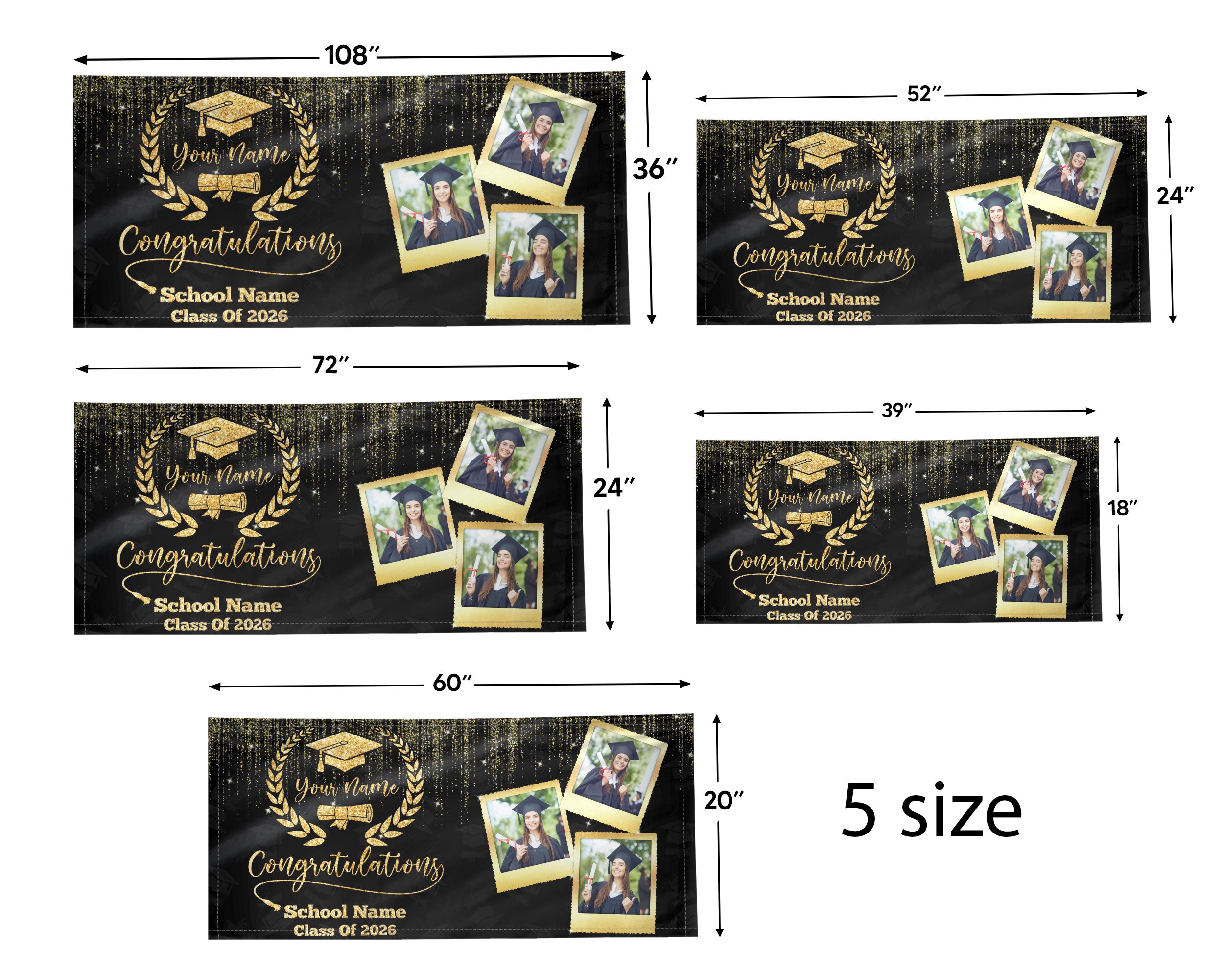 Custom Graduation Banner 2026 Photo Gold Glitter Laurel Pattern Congrats Grad Backdrop Personalized