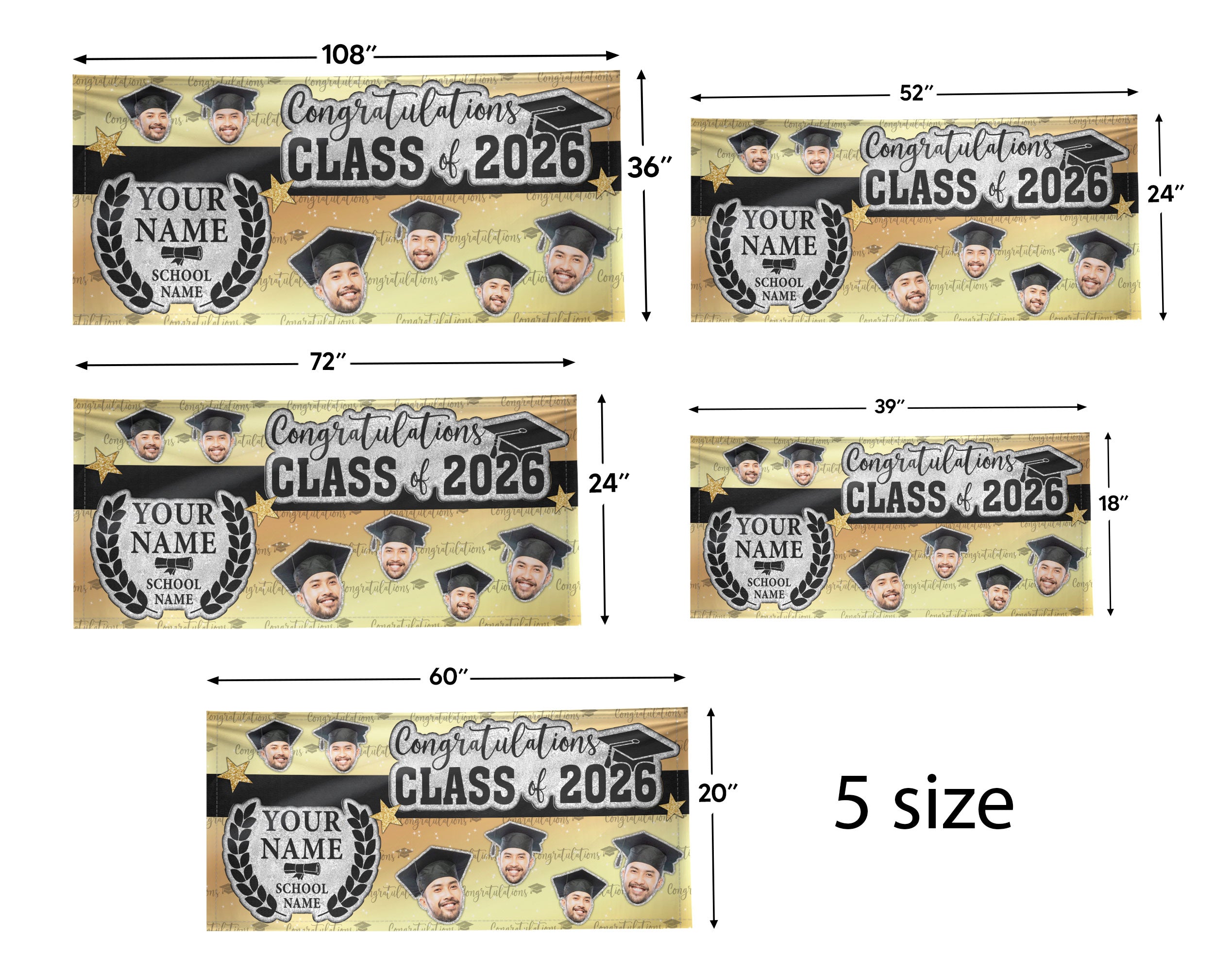 Custom Graduation Banner 2026 Photo Black Gold Glitter Pattern Congrats Grad Backdrop Personalized