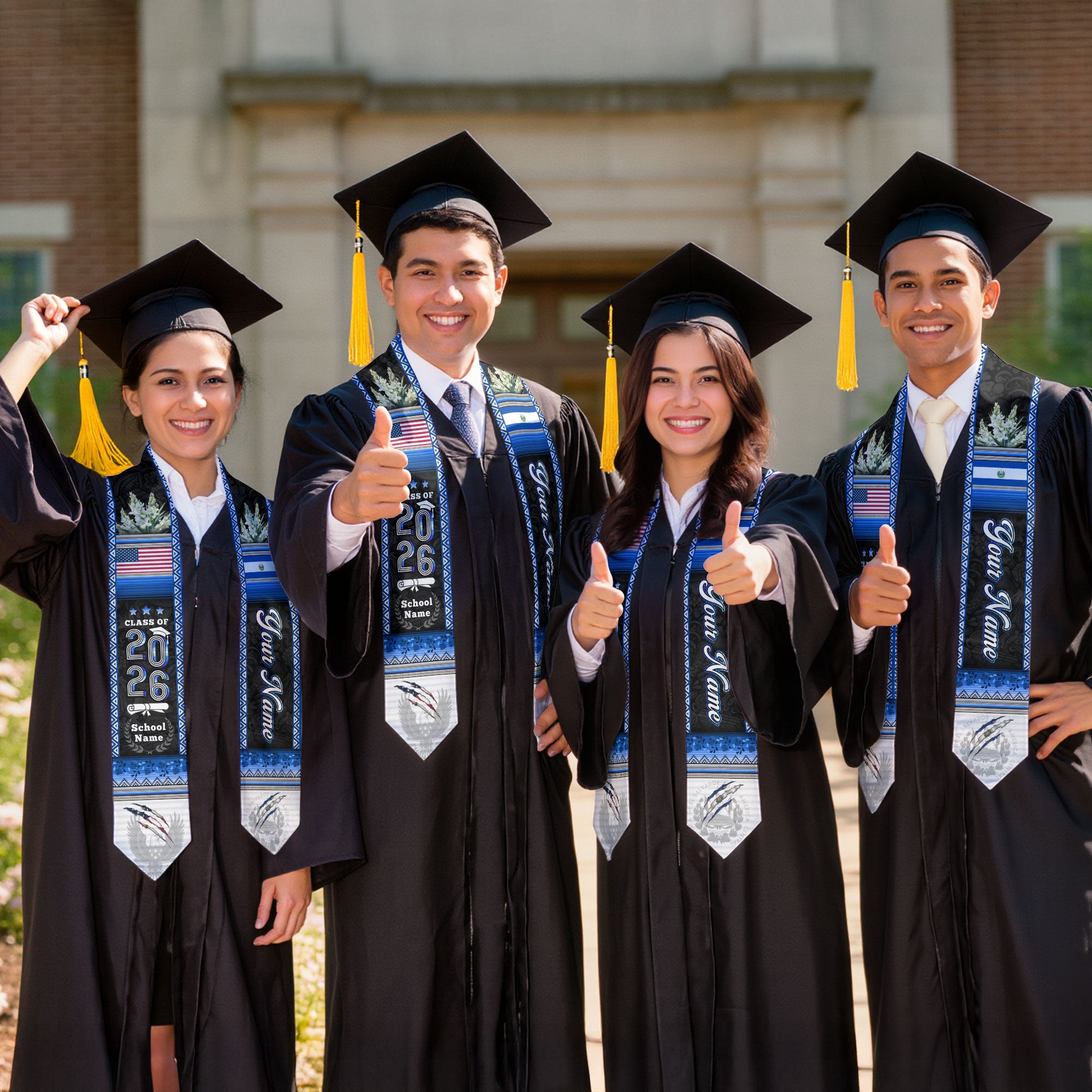 El Salvador Flag Graduation Stole 2026, Salvadoran Grad Sash, Signature Finish for 2026