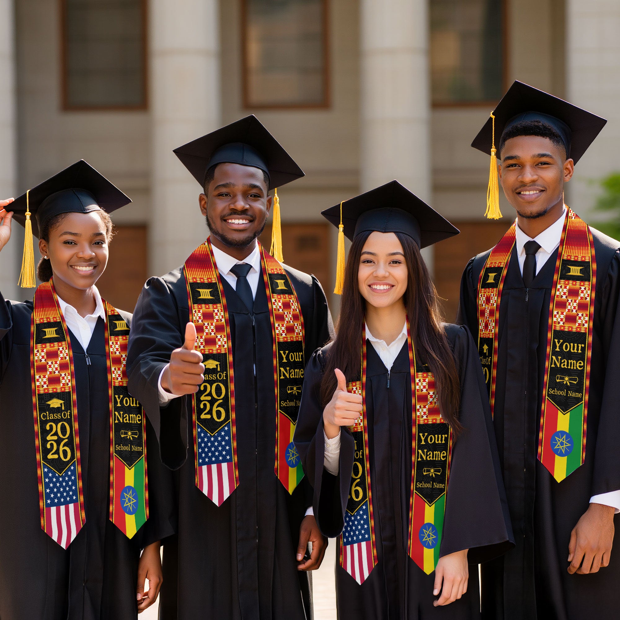 Customized Ethiopian Graduation Stole Featuring Flag Identity Pattern, Graduation Sash Class of 2026