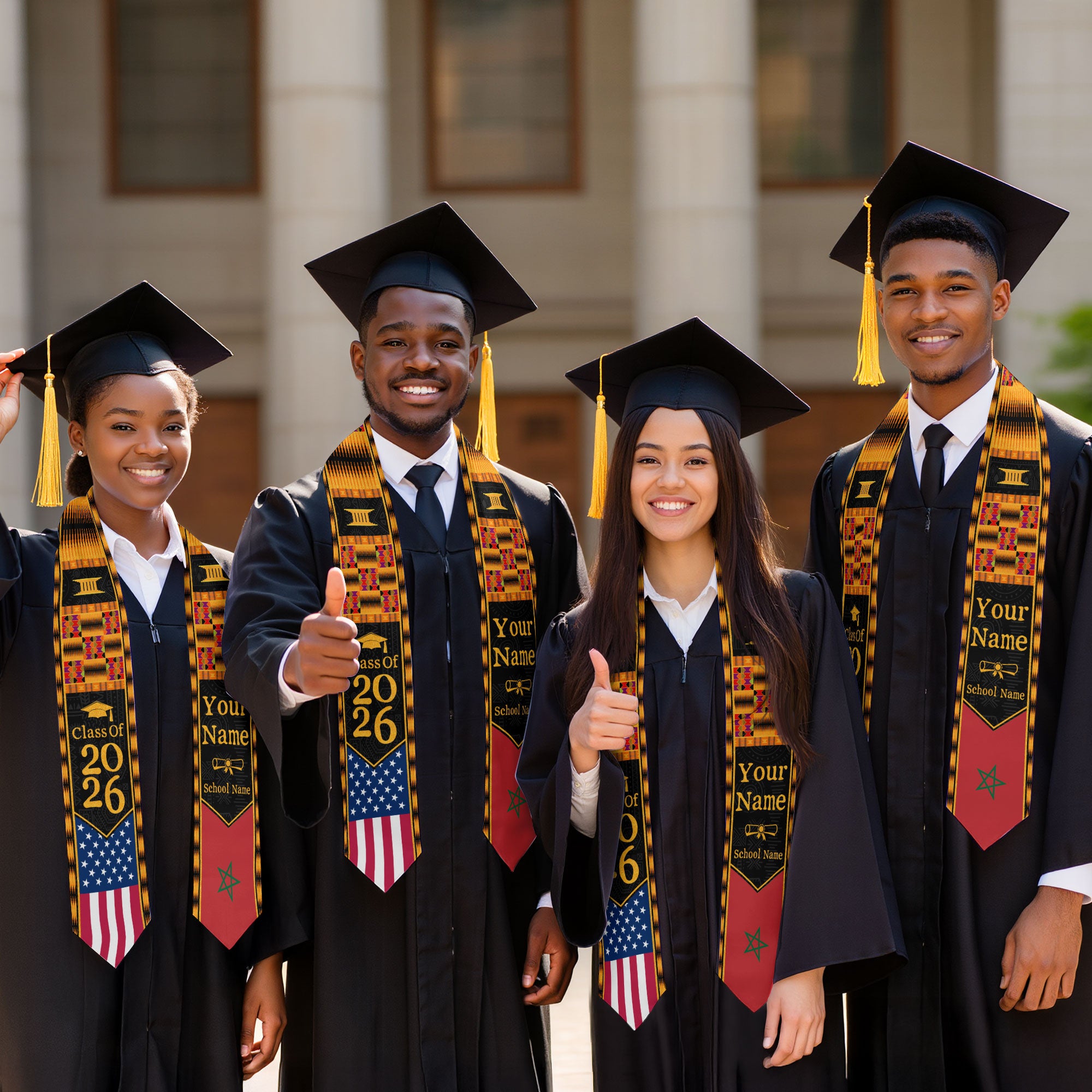 Customized Graduation Stole Morocco Showcasing Cultural Flag Motif, Graduation Sash Class of 2026