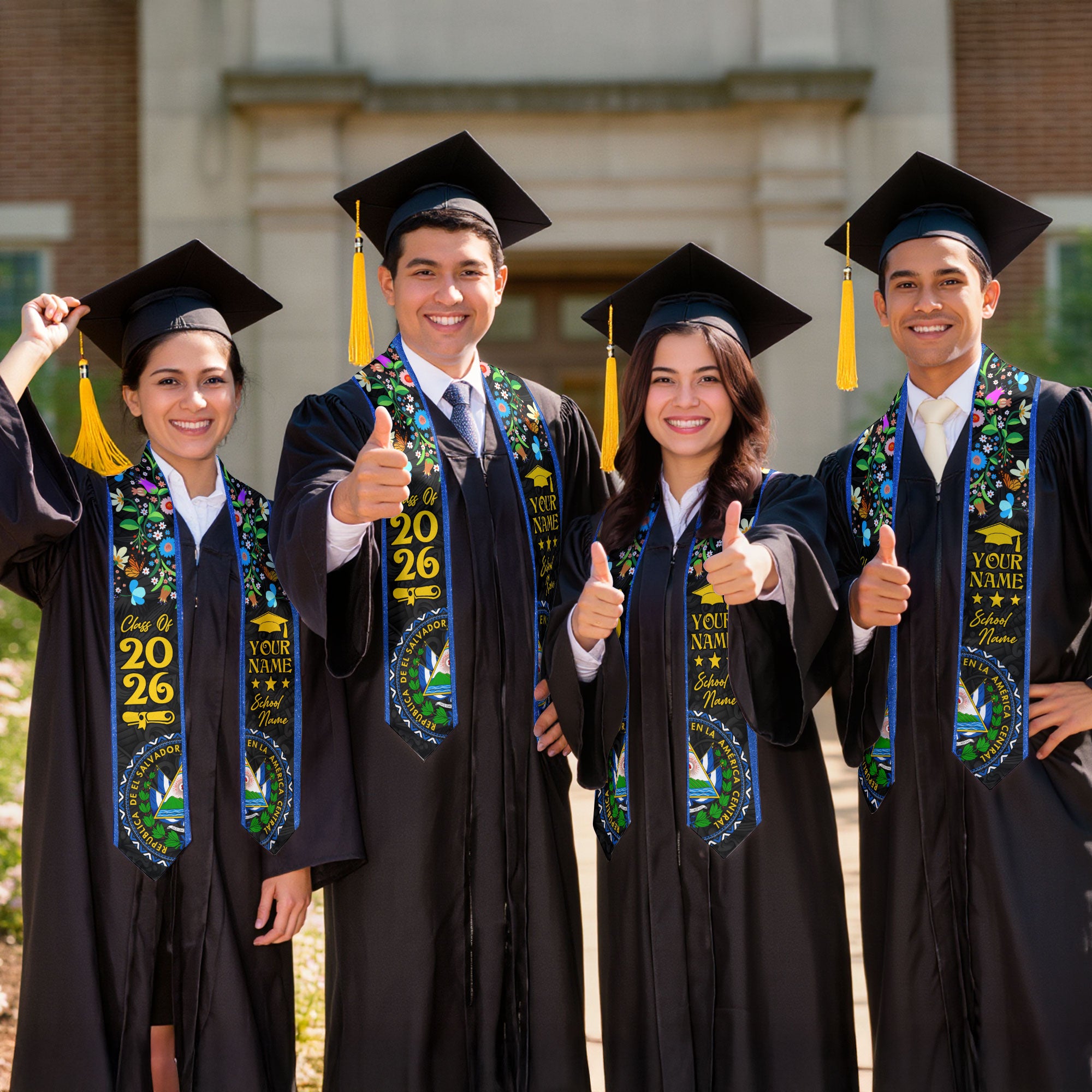 El Salvador Graduation Stole 2026, Salvadoran Flag Sash, Personal Detail Option for Grads