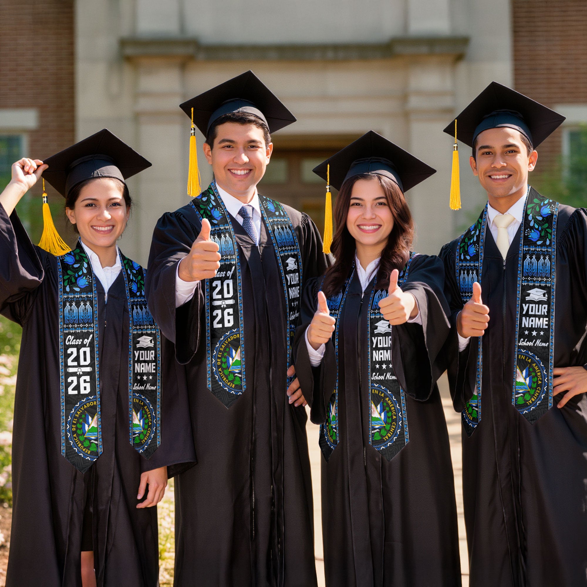 El Salvador Flag Graduation Stole 2026, Salvadoran Sash, Add Your Name Detail Option