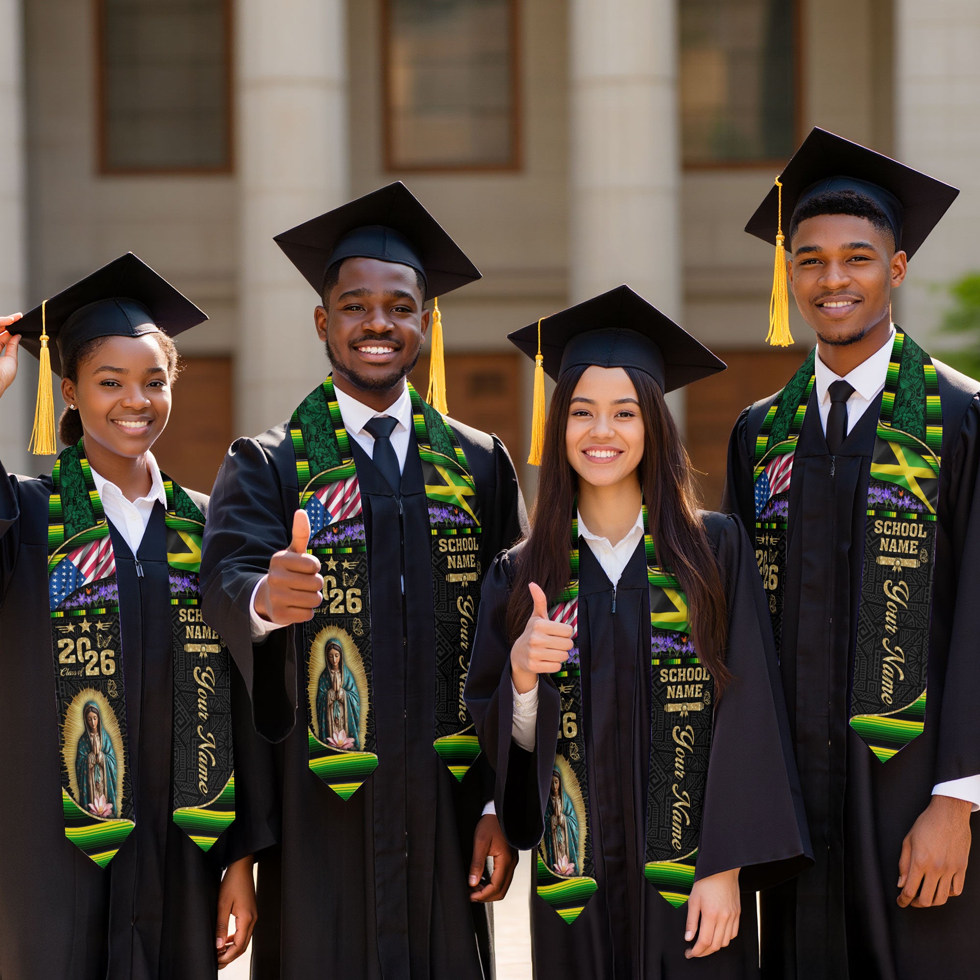 Customized Jamaica Graduation Stole Featuring Bold Flag Details, Graduation Sash Class of 2026
