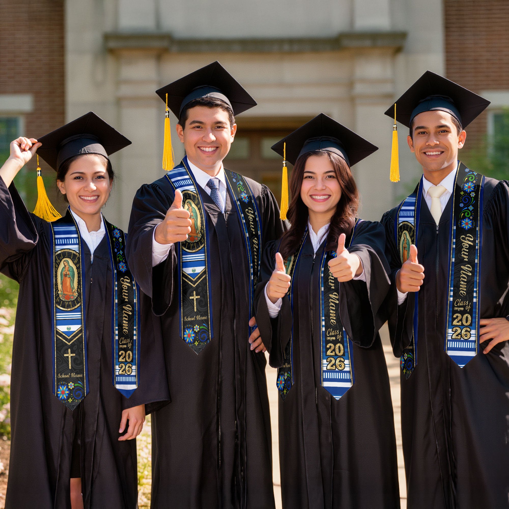 Customized El Salvador Graduation Stole Highlighting Salvadoran Flag Design, Graduation Sash for 2026