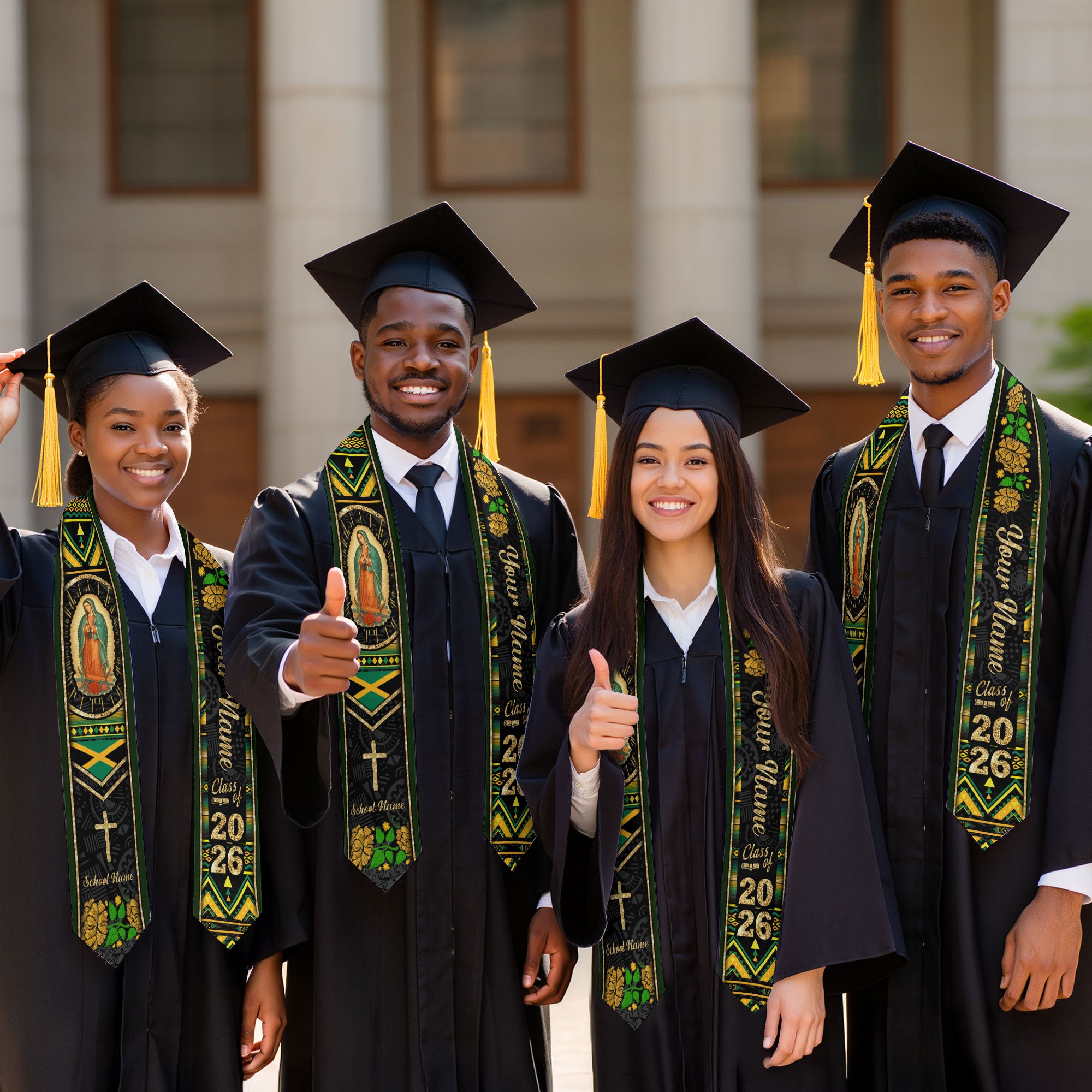 Customized Jamaica Graduation Stole Showcasing Jamaican Flag Colors, Graduation Sash for Class of 2026