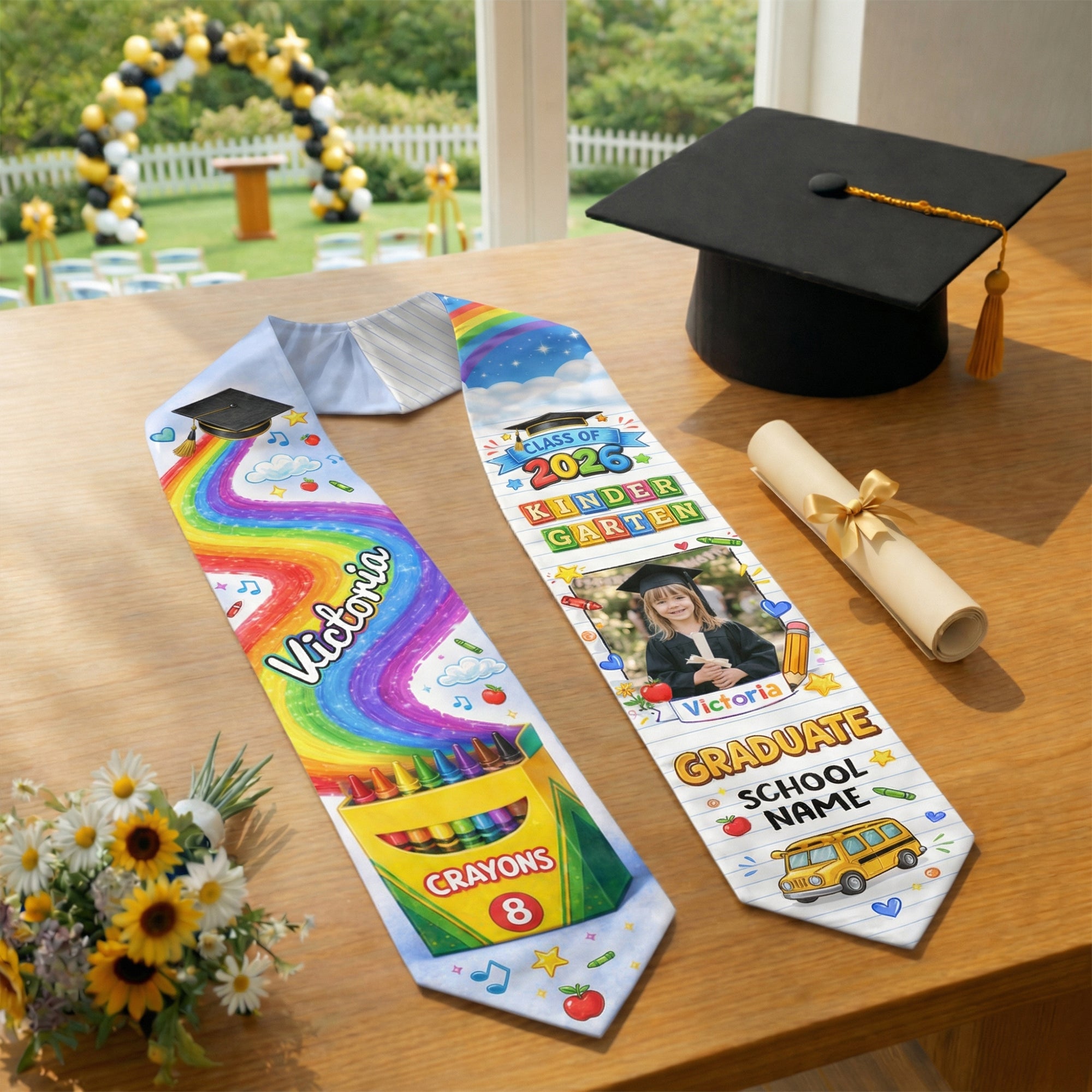Personalized Graduation Stole for Kids - Custom Photo & School Name 2026 Rainbow Sash