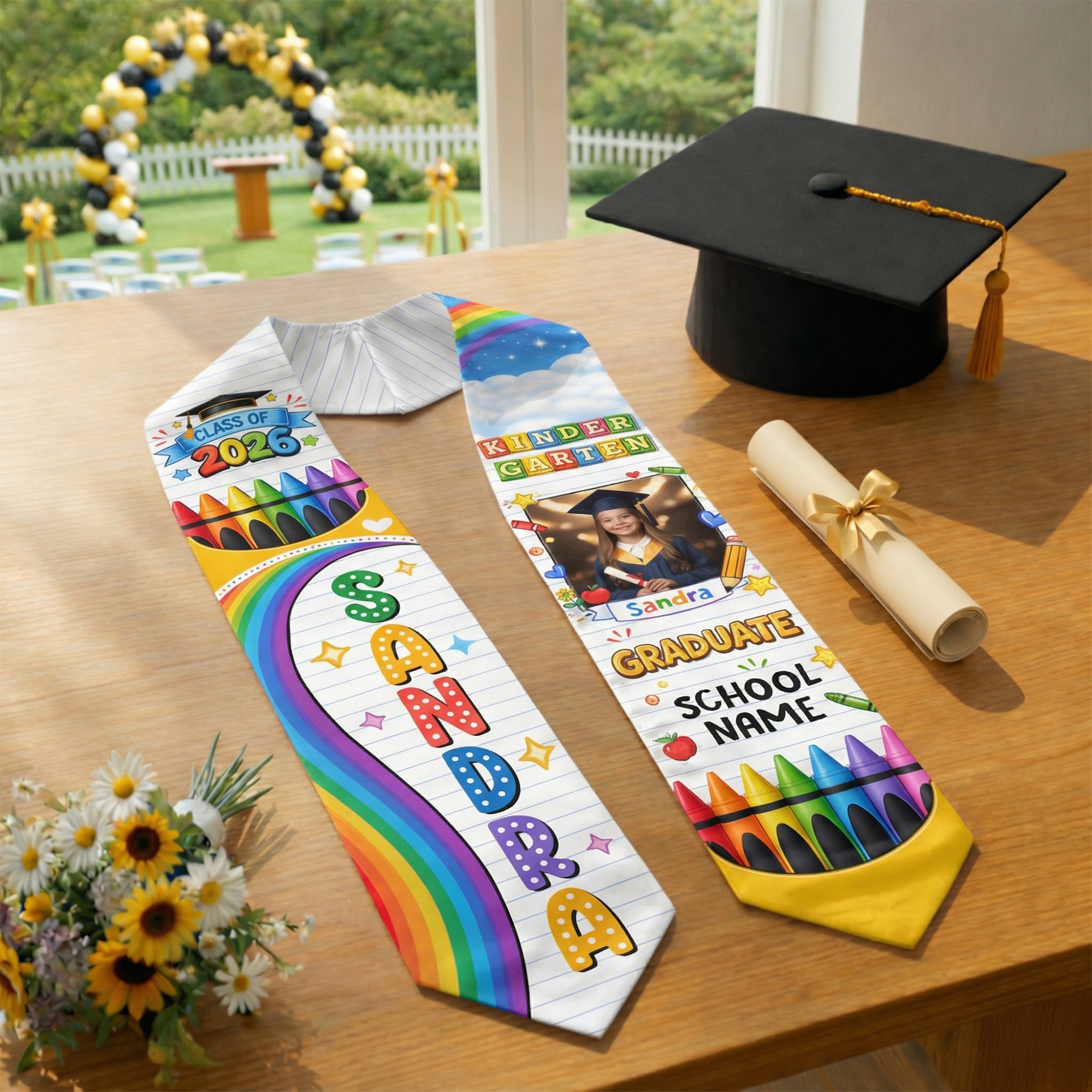 Custom Photo Graduation Stole Kids - Colorful Crayon Rainbow Sash 2026