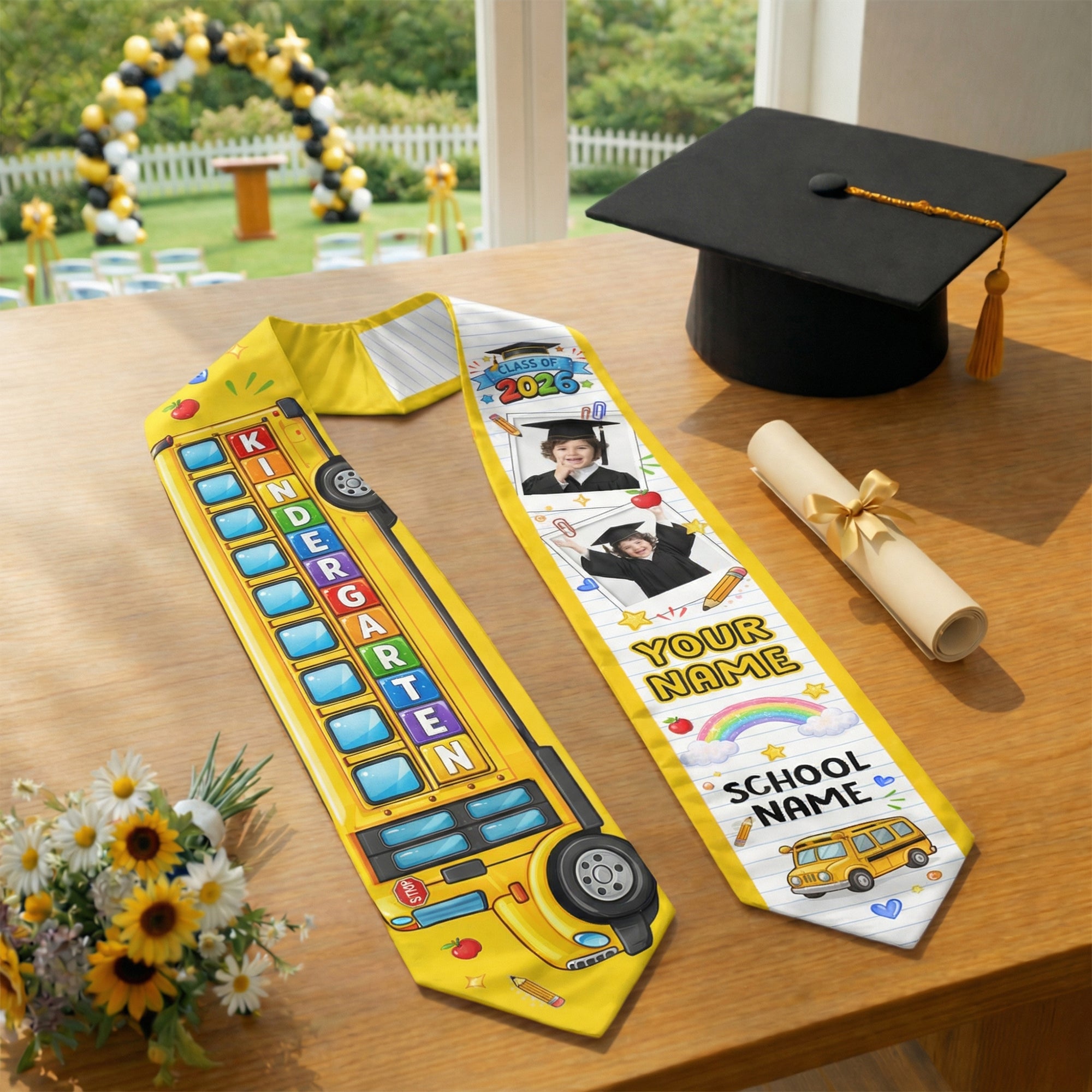 School Bus Kids Graduation Stole with Photo - Personalized Class of 2026 Sash