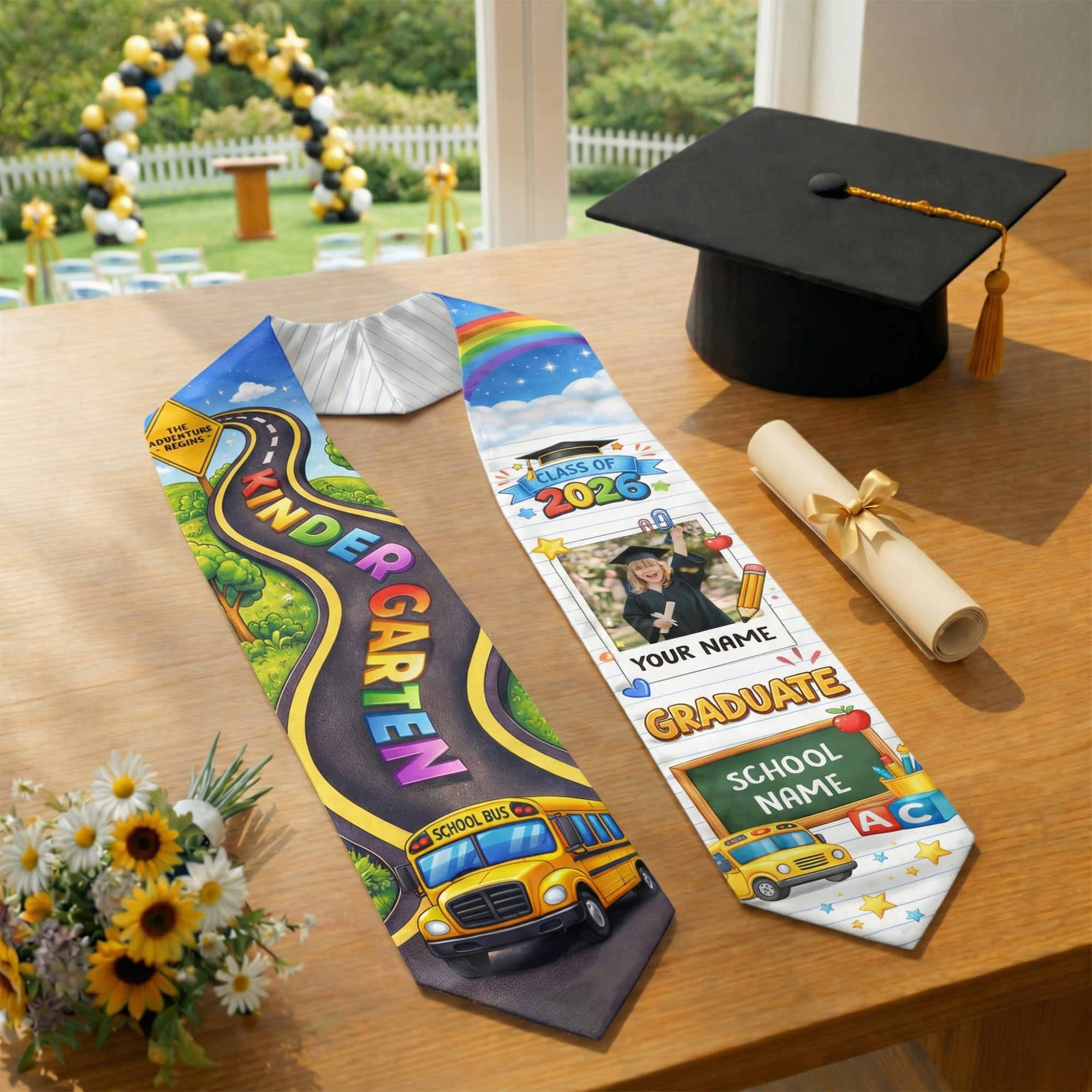School Bus & Road Graduation Stole Kids - Personalized Photo Class of 2026