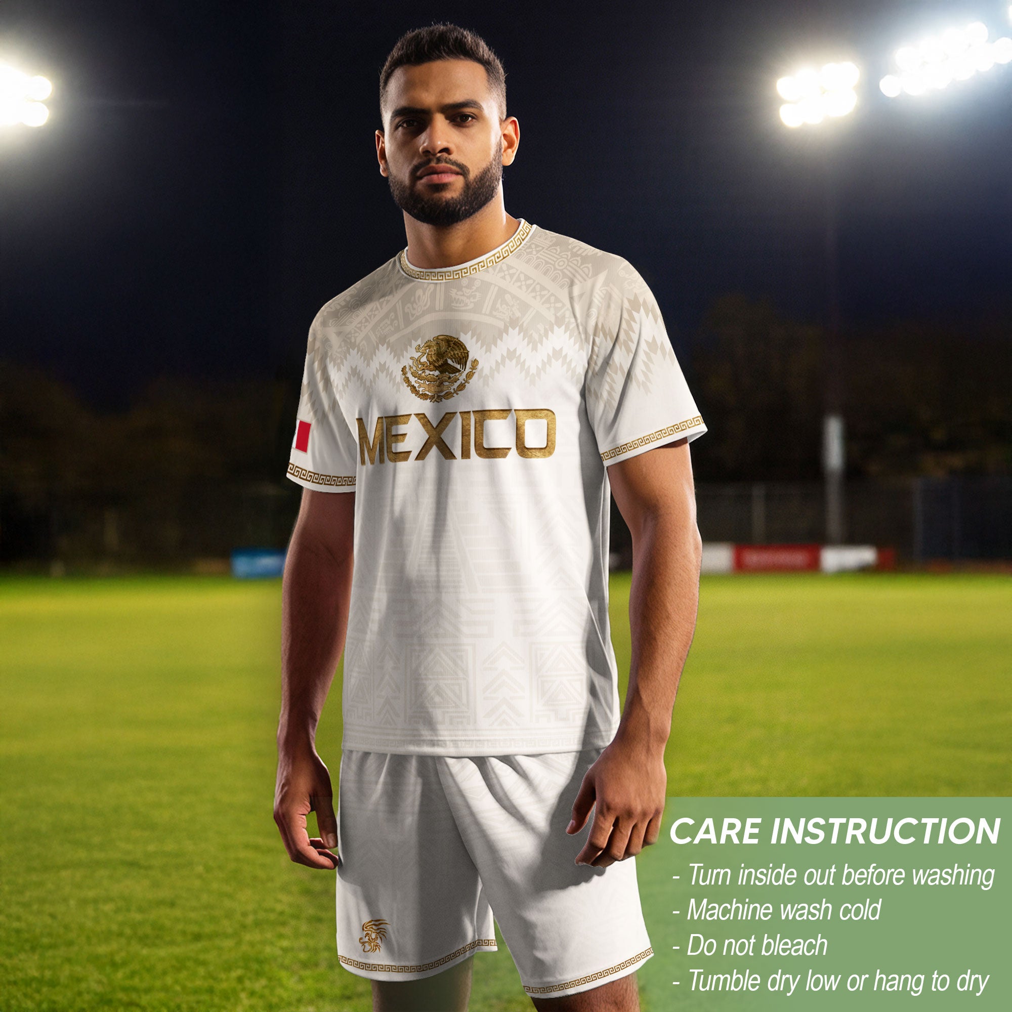 Hung Test Mexico Heritage Orgullo Mexicano Beige Gold Aztec Pyramid Sun Stone Soccer Jersey