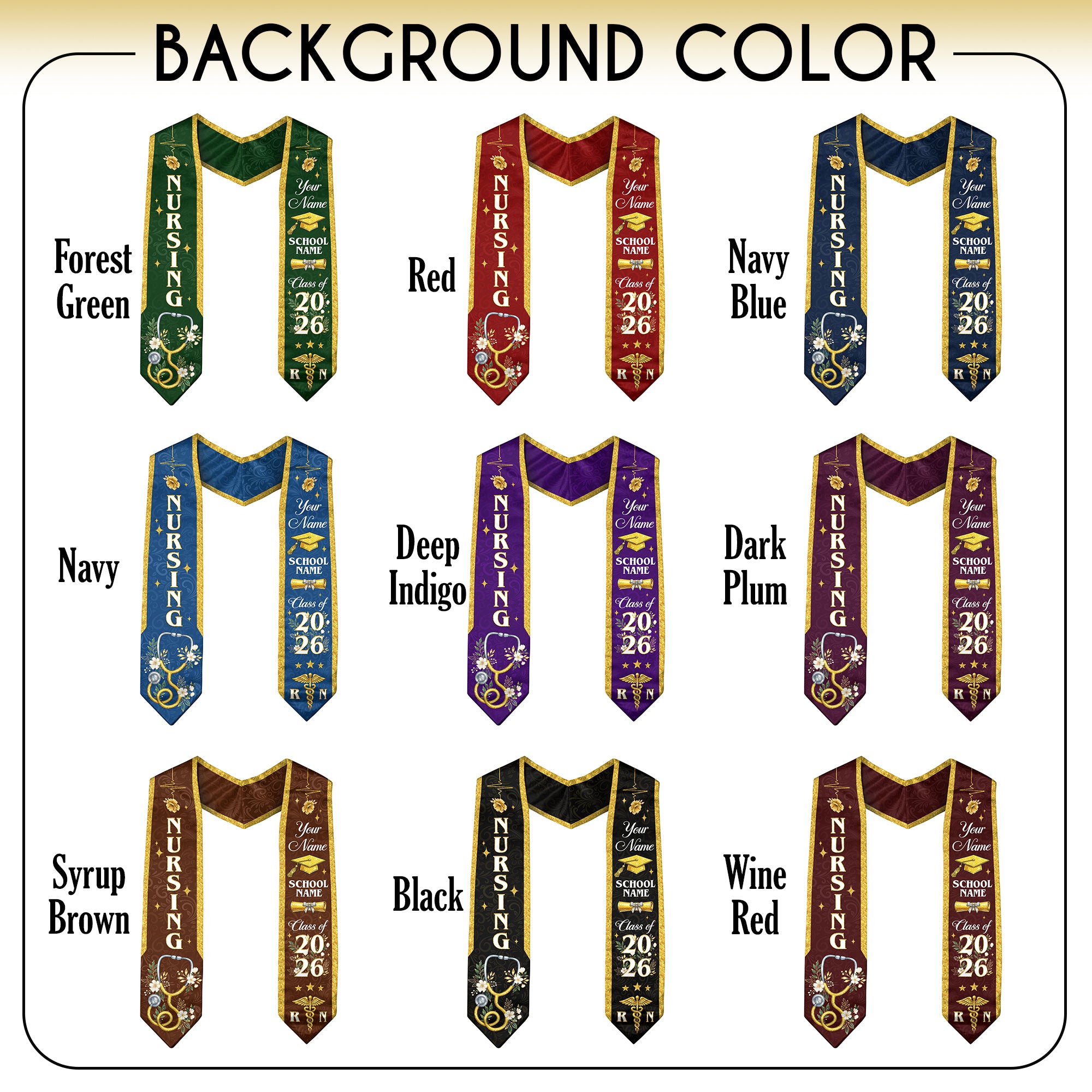 RN Nursing Graduation Stole, Class of 2026, Custom Name School, Stethoscope Pattern, Sash Gift