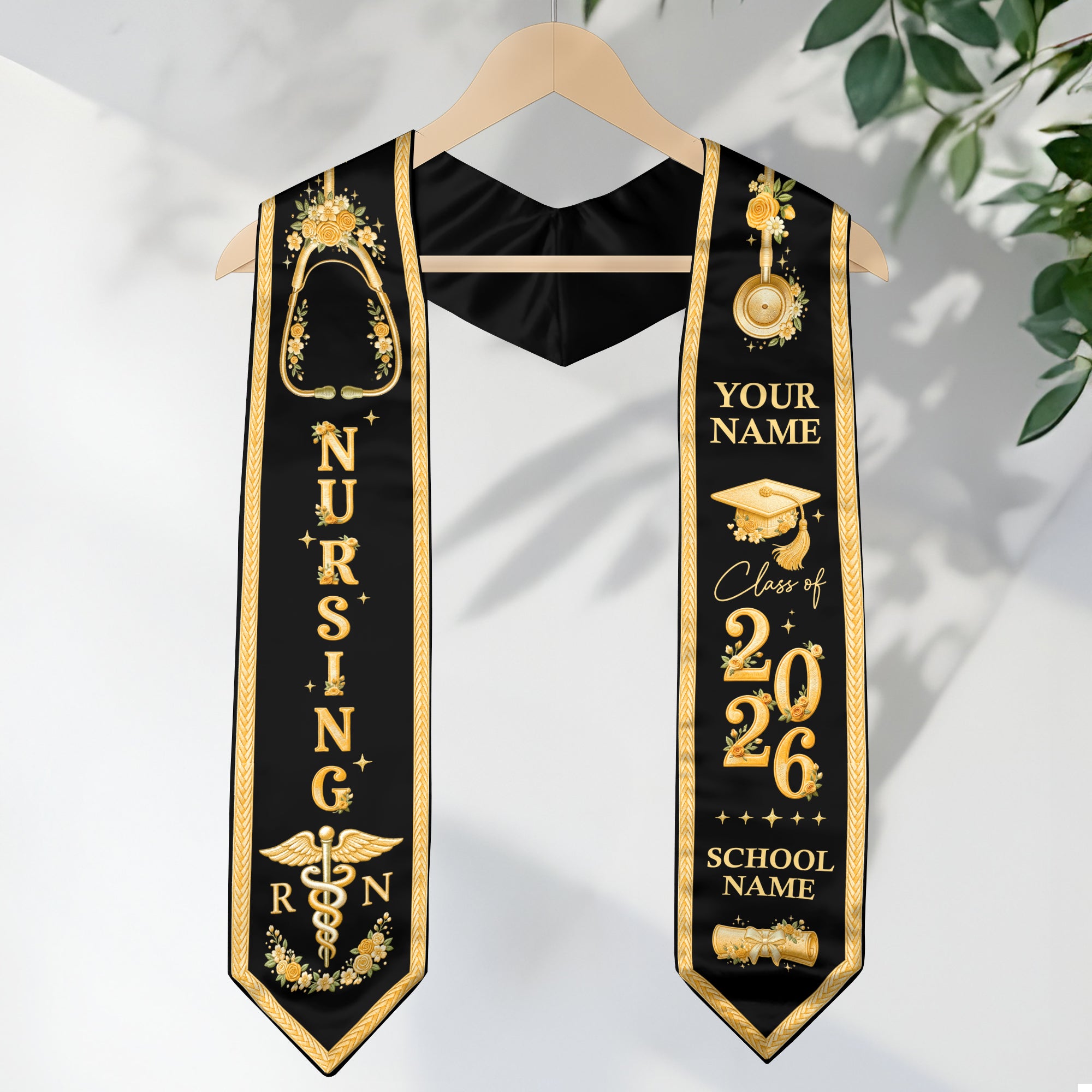 RN Nursing Stole Class of 2026, Personalized Graduation Sash, Custom Name School Detail, Elegant Medical Motif Gift