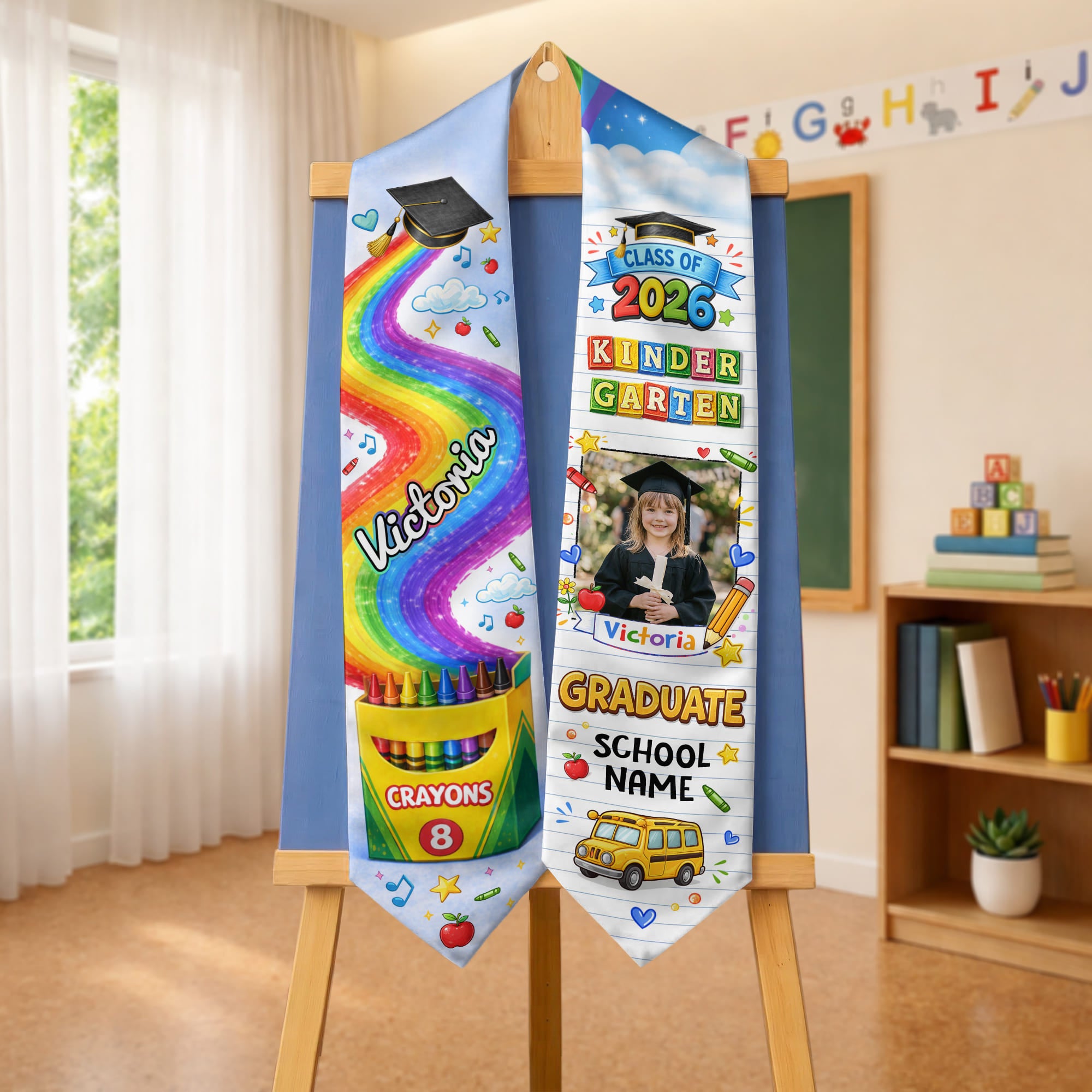 Personalized Graduation Stole for Kids - Custom Photo & School Name 2026 Rainbow Sash