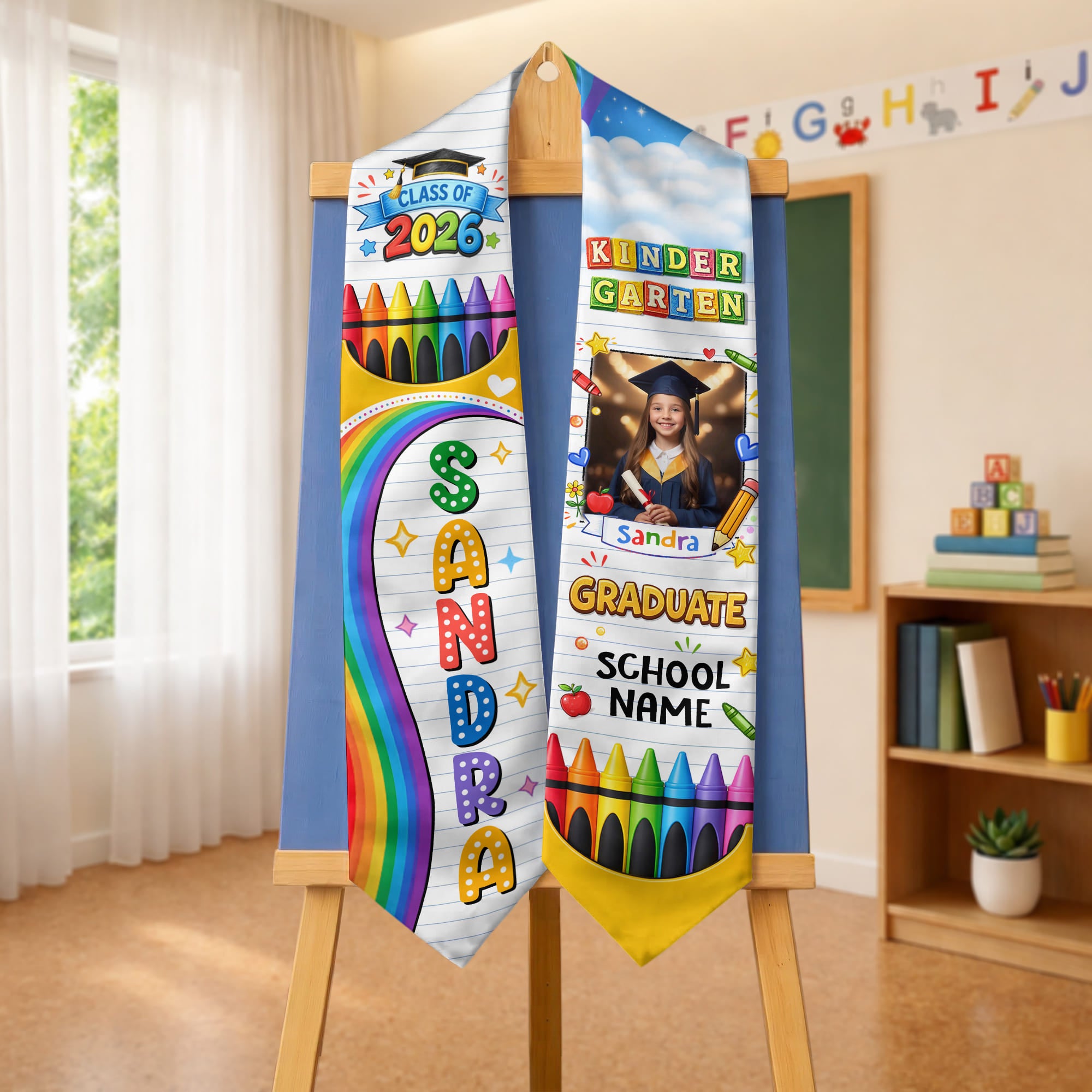 Custom Photo Graduation Stole Kids - Colorful Crayon Rainbow Sash 2026