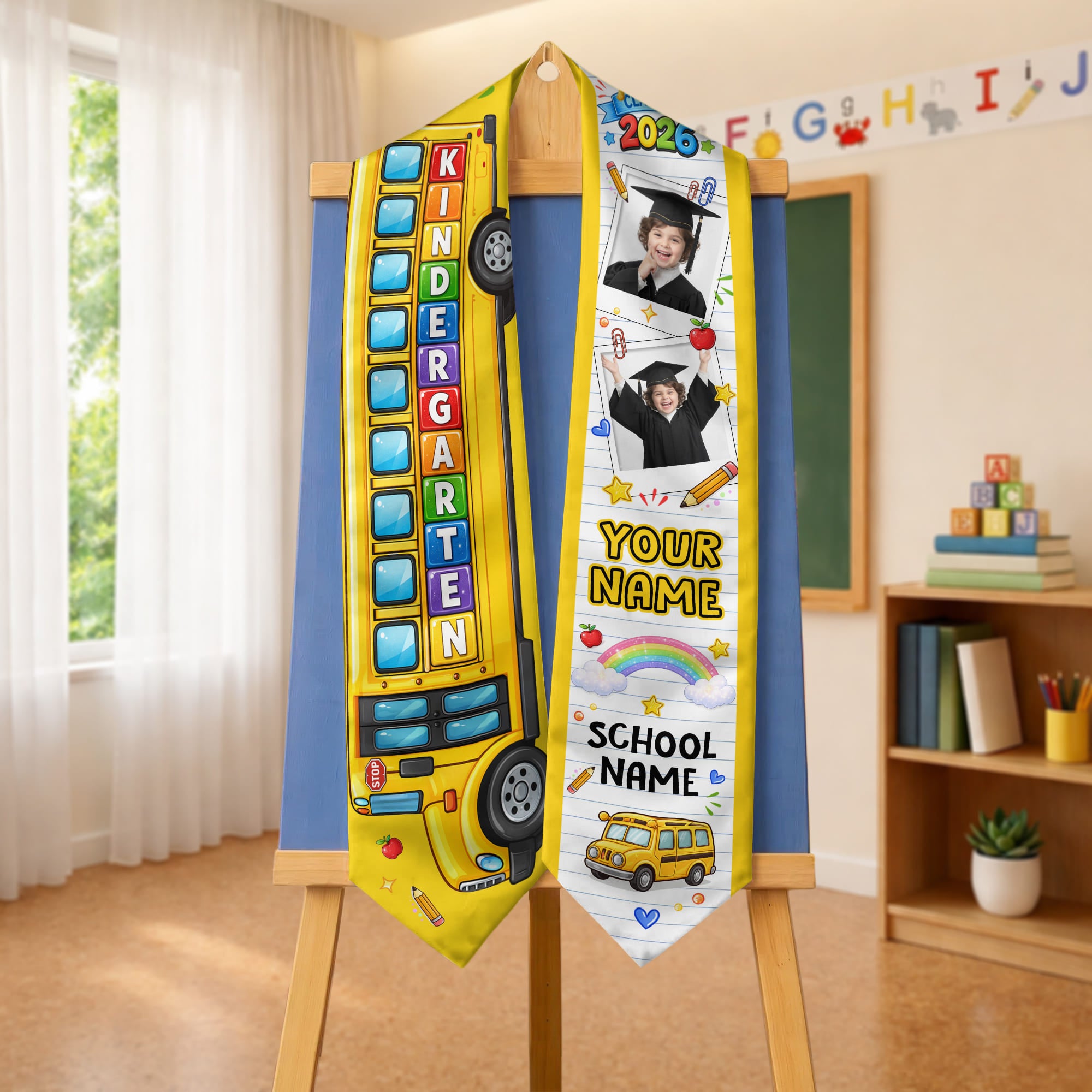 School Bus Kids Graduation Stole with Photo - Personalized Class of 2026 Sash
