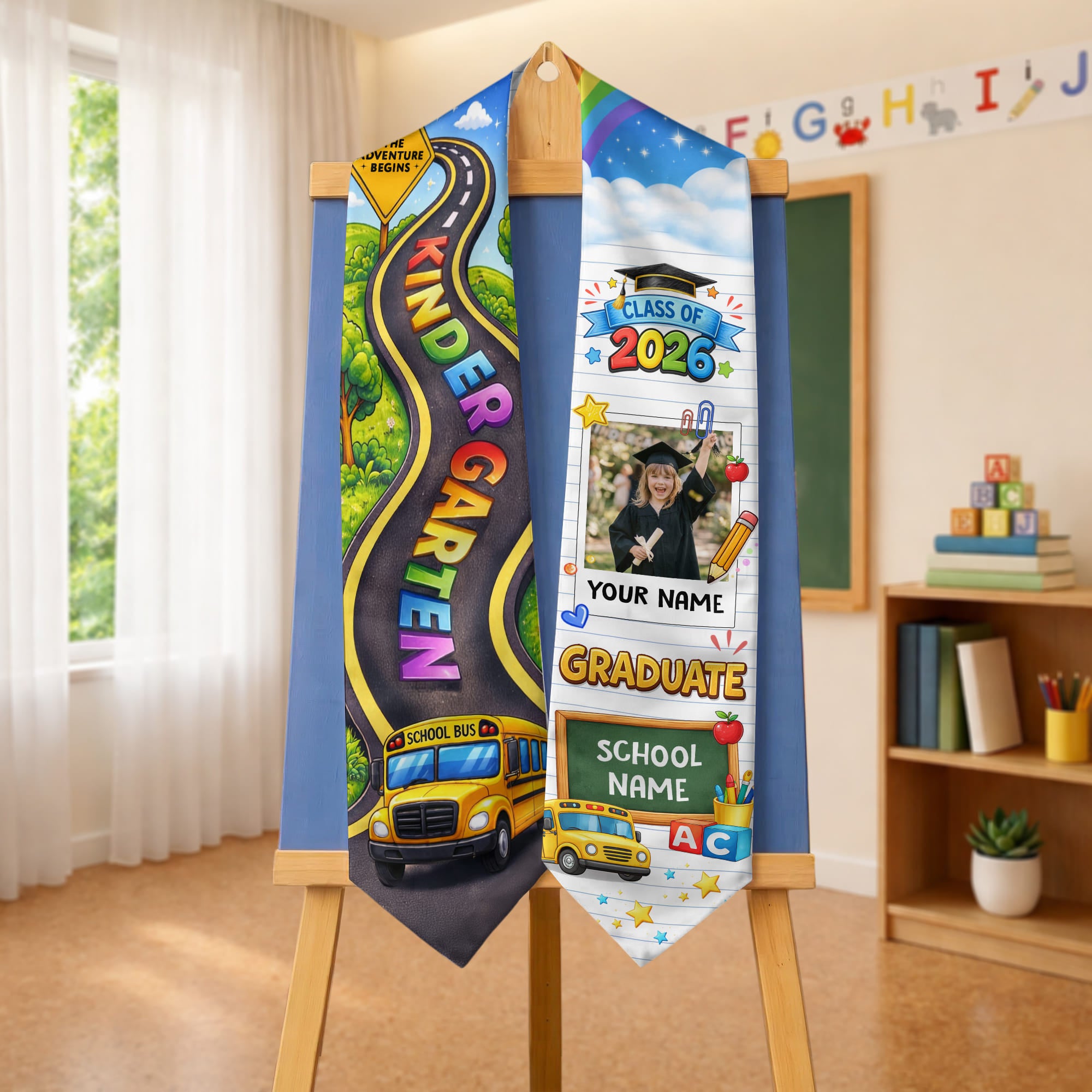 School Bus & Road Graduation Stole Kids - Personalized Photo Class of 2026