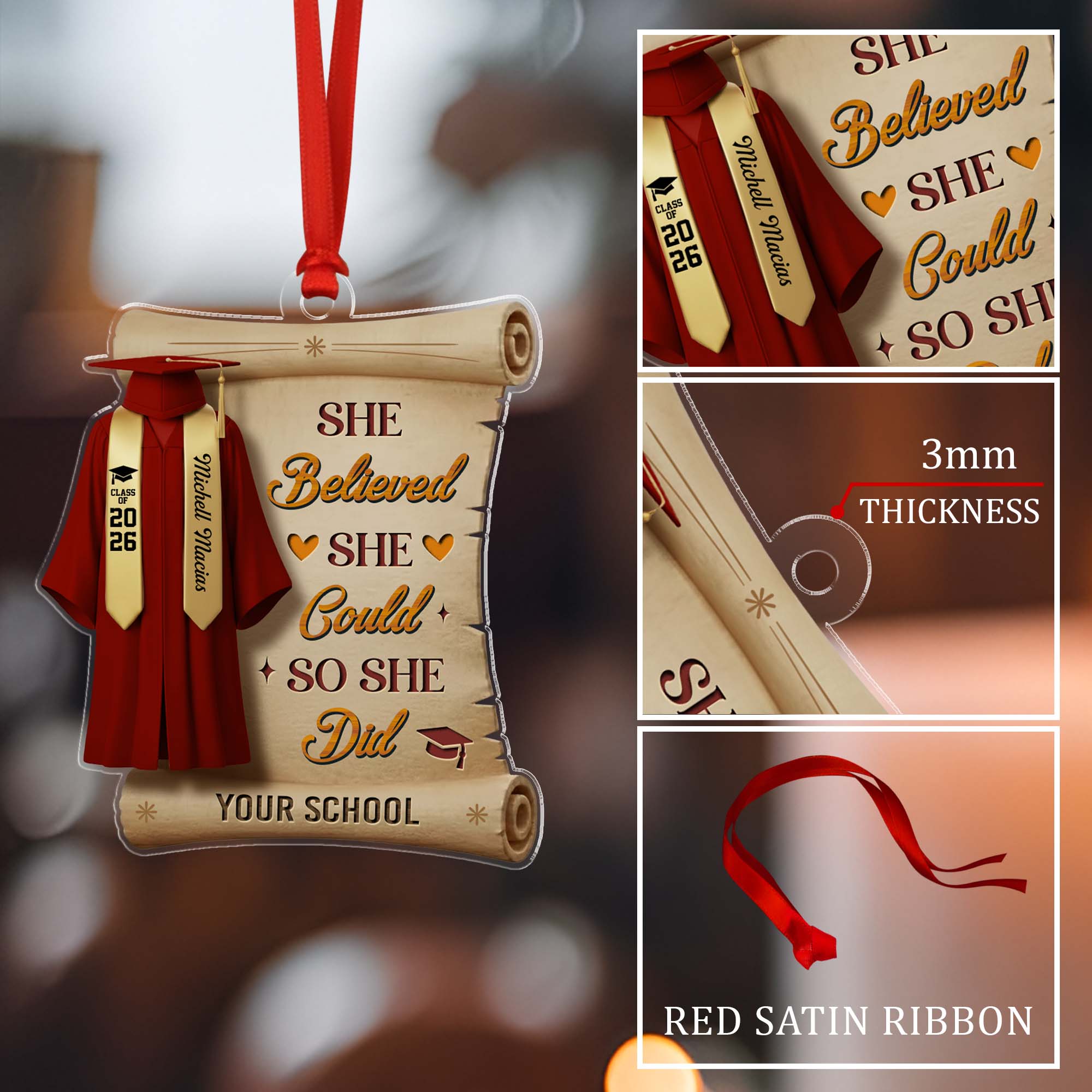 Personalized She Believed She Could So She Did Class Of 2026 Graduation Quote Ornament