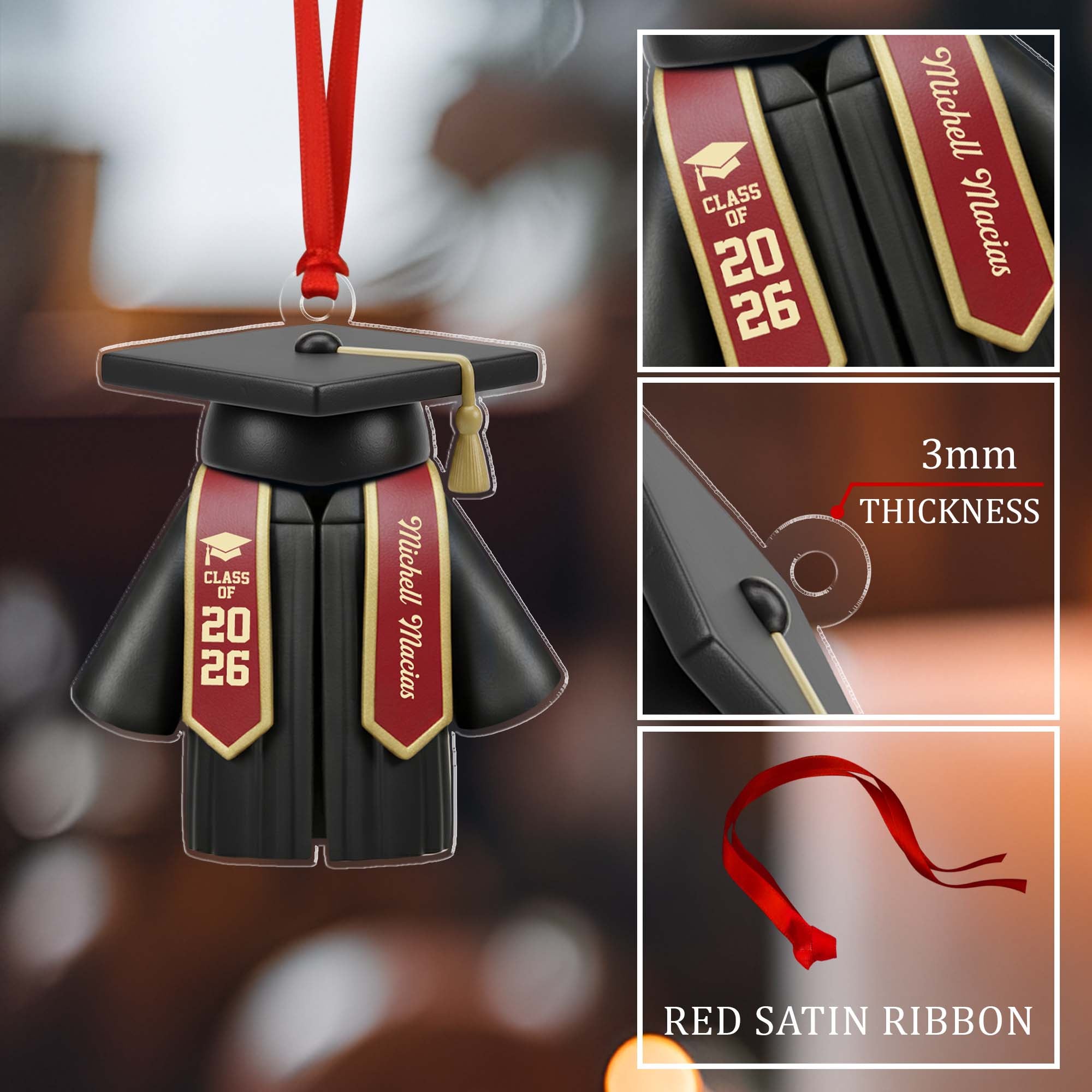 Personalized Class Of 2026 Custom Name Graduation Cap Gown Ornament