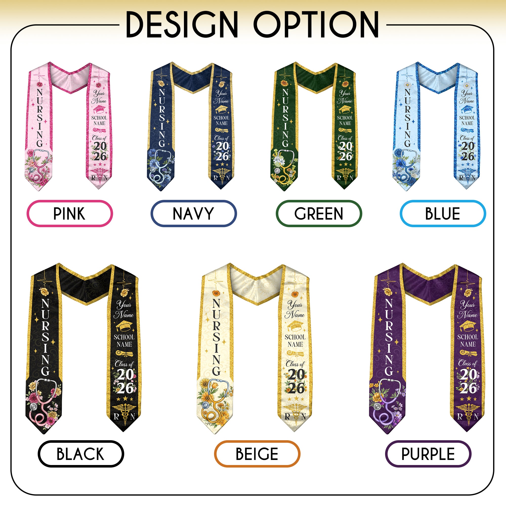 RN Graduation Stole Nursing Class of 2026, Custom Name School, Floral Medical Theme, Personalized Sash Gift