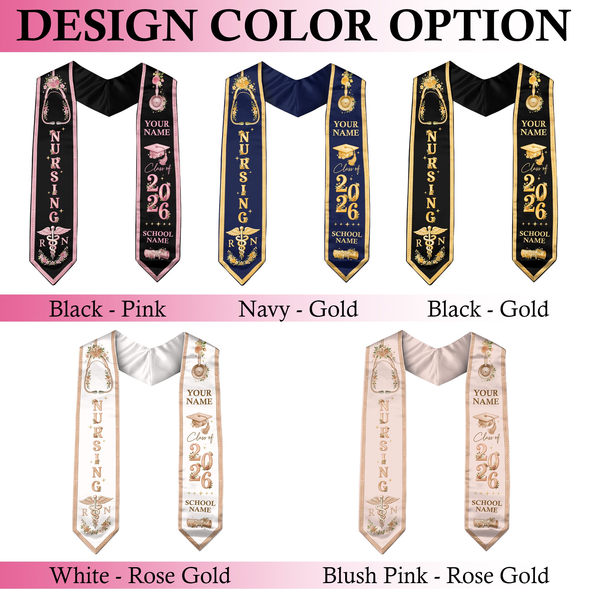RN Nursing Stole Class of 2026, Personalized Graduation Sash, Custom Name School Detail, Elegant Medical Motif Gift