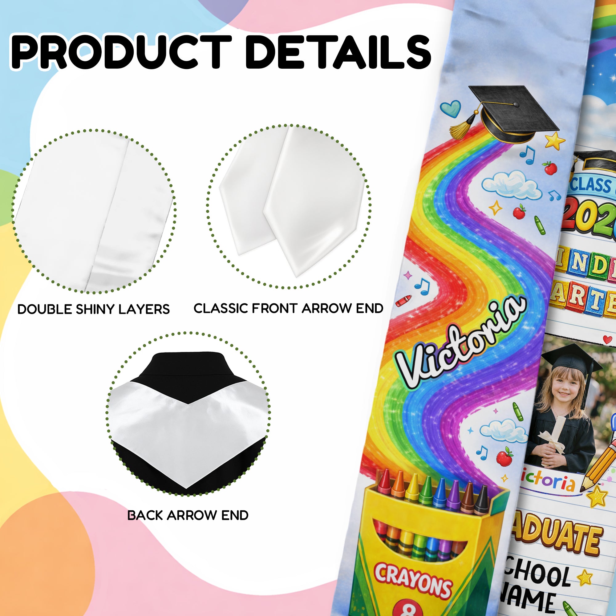Personalized Graduation Stole for Kids - Custom Photo & School Name 2026 Rainbow Sash