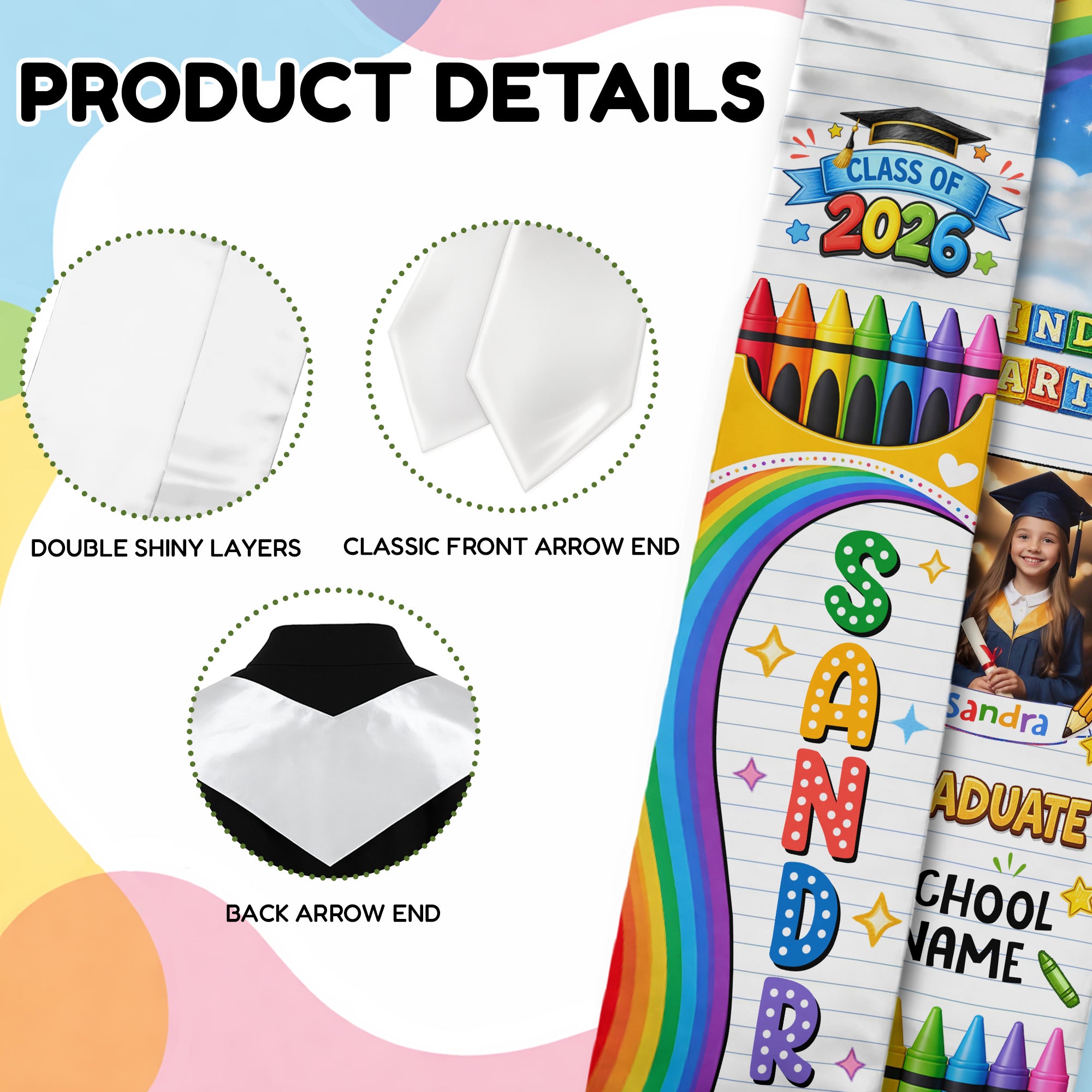 Custom Photo Graduation Stole Kids - Colorful Crayon Rainbow Sash 2026