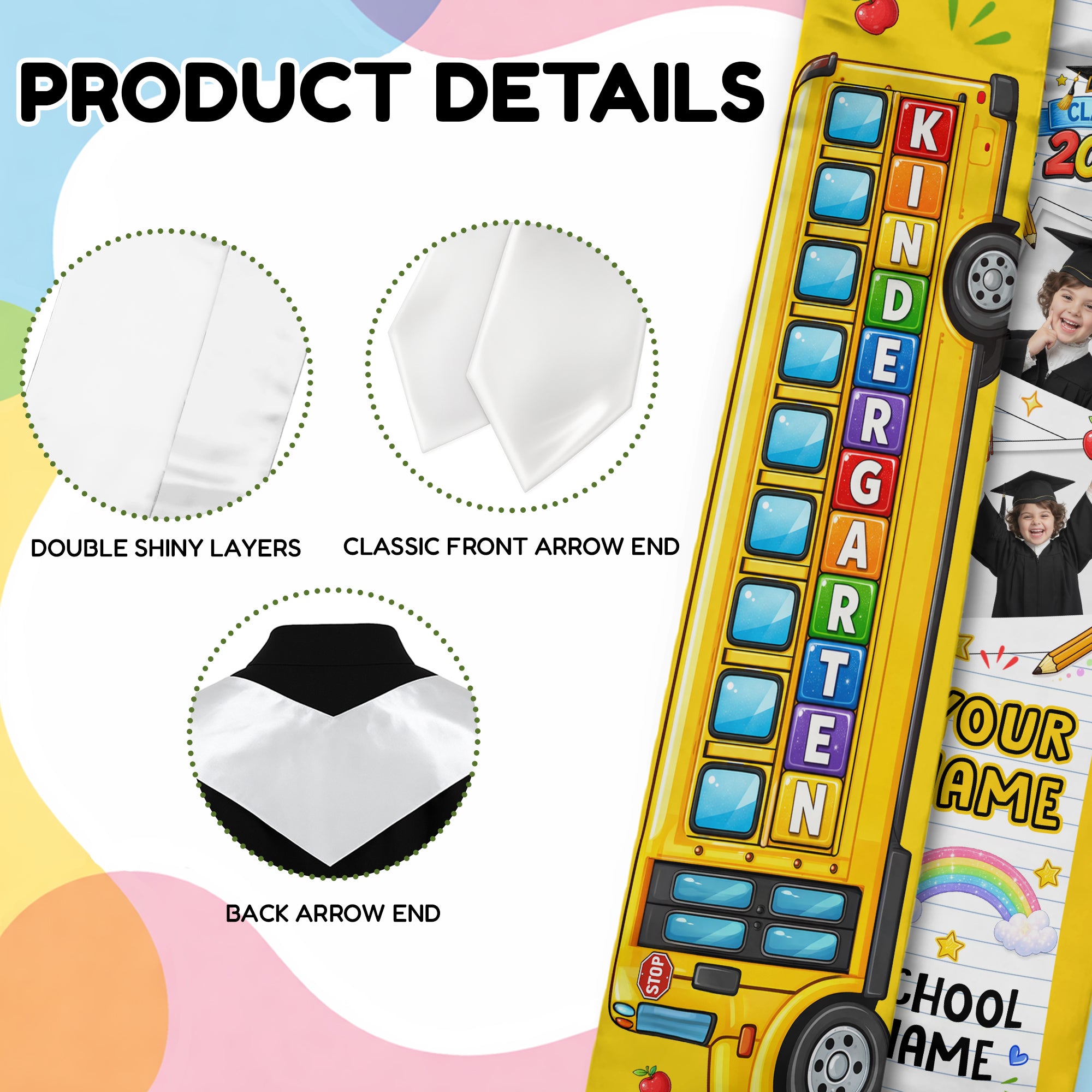 School Bus Kids Graduation Stole with Photo - Personalized Class of 2026 Sash