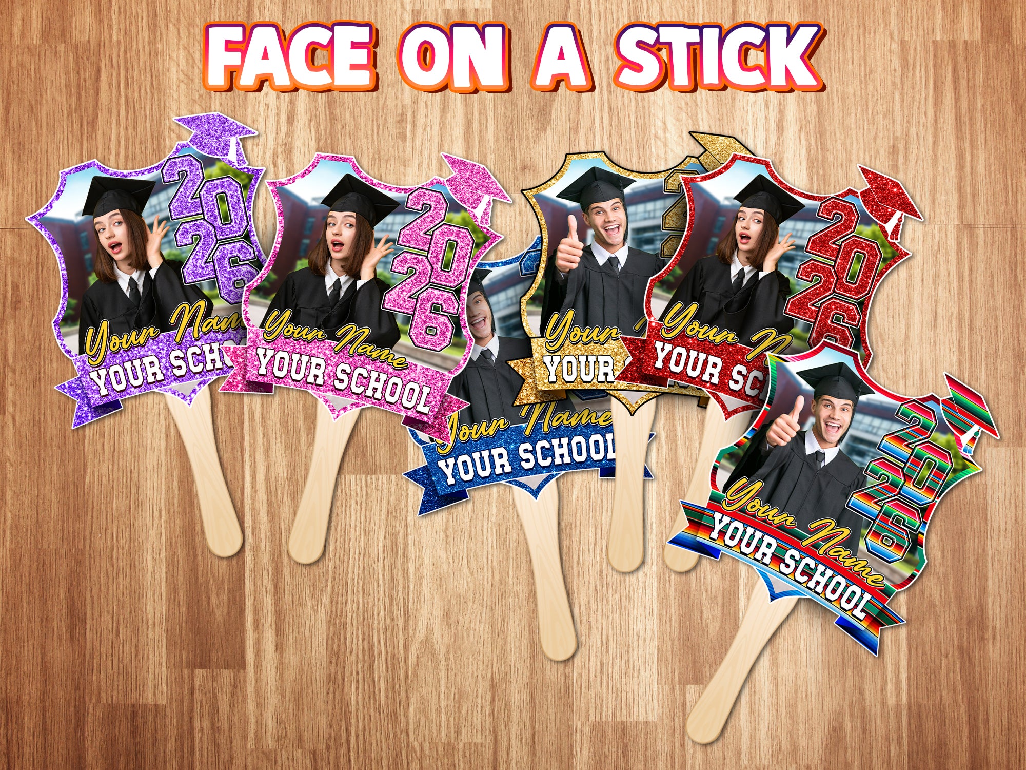 Custom Graduation Face Fan 2026 With Photo Glitter Floral Pattern Big Head On Stick Custom