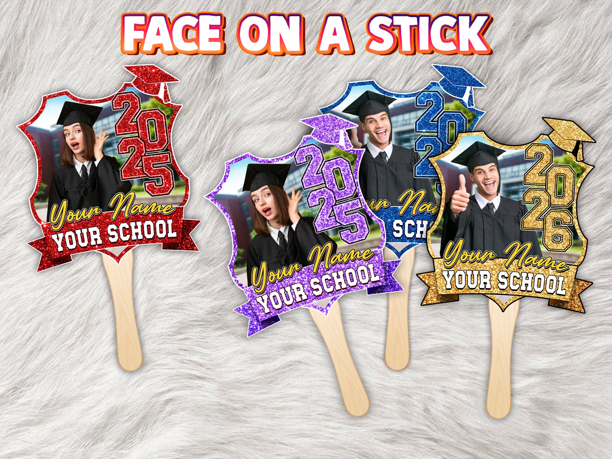 Custom Graduation Face Fan 2026 With Photo Glitter Floral Pattern Big Head On Stick Custom