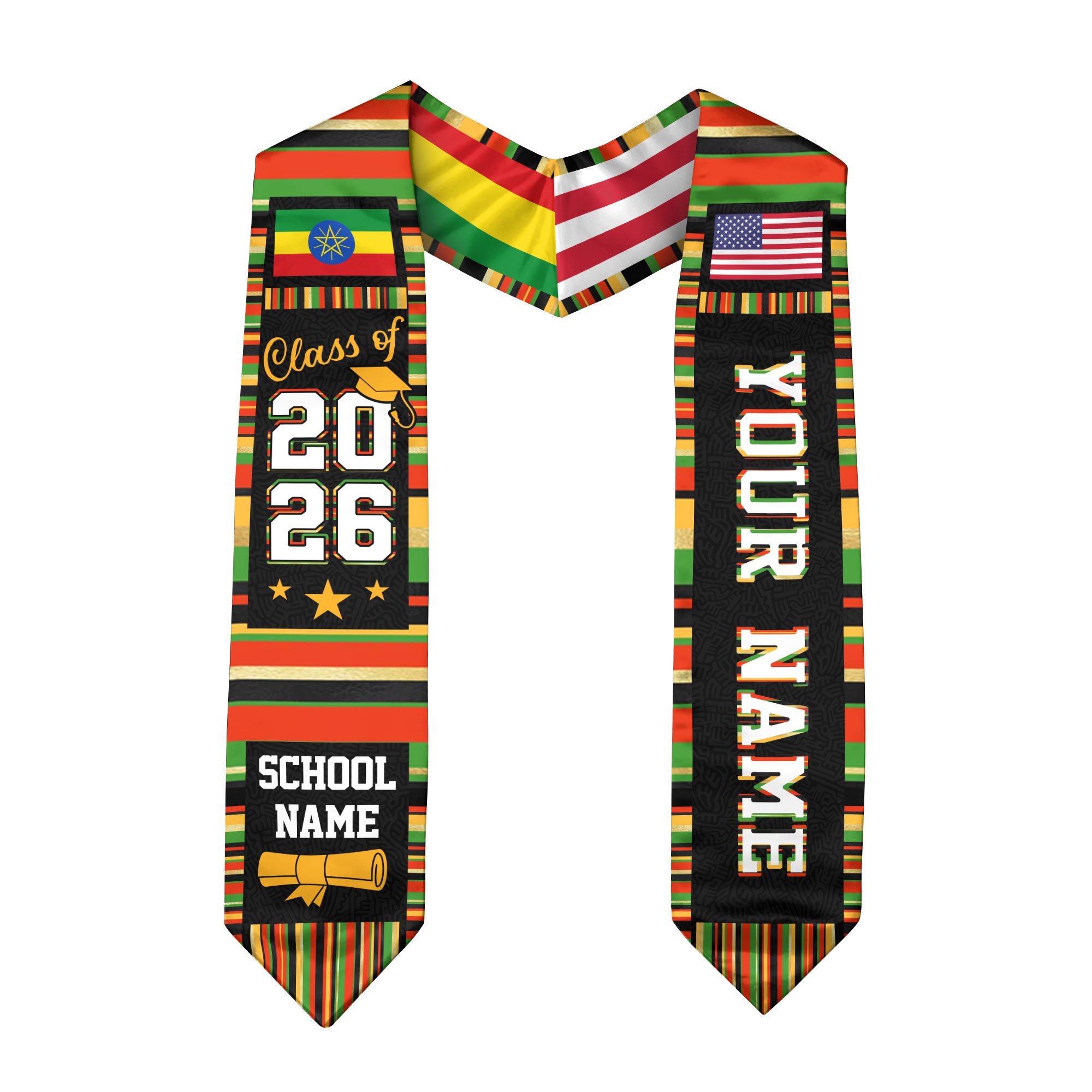 Ethiopia Graduation Stole 2026, Ethiopian Flag Sash, Graduation Stole with Custom Accent