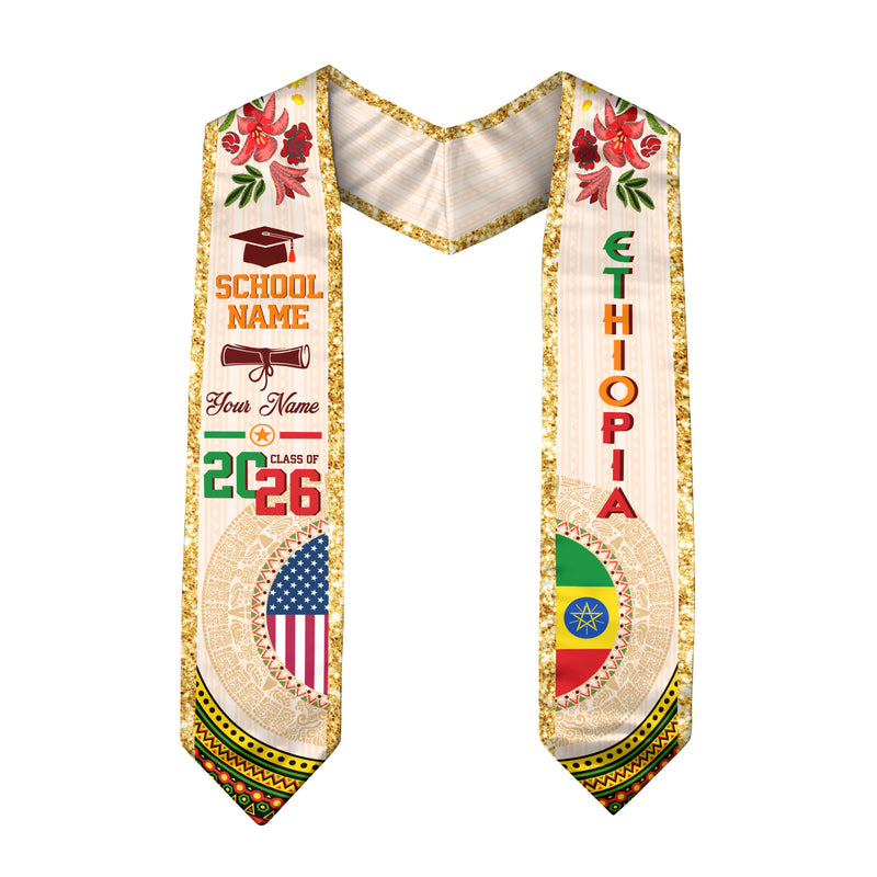 Ethiopian Flag Graduation Sash 2026, Ethiopia Graduation Stole, Customizable Detail Stole