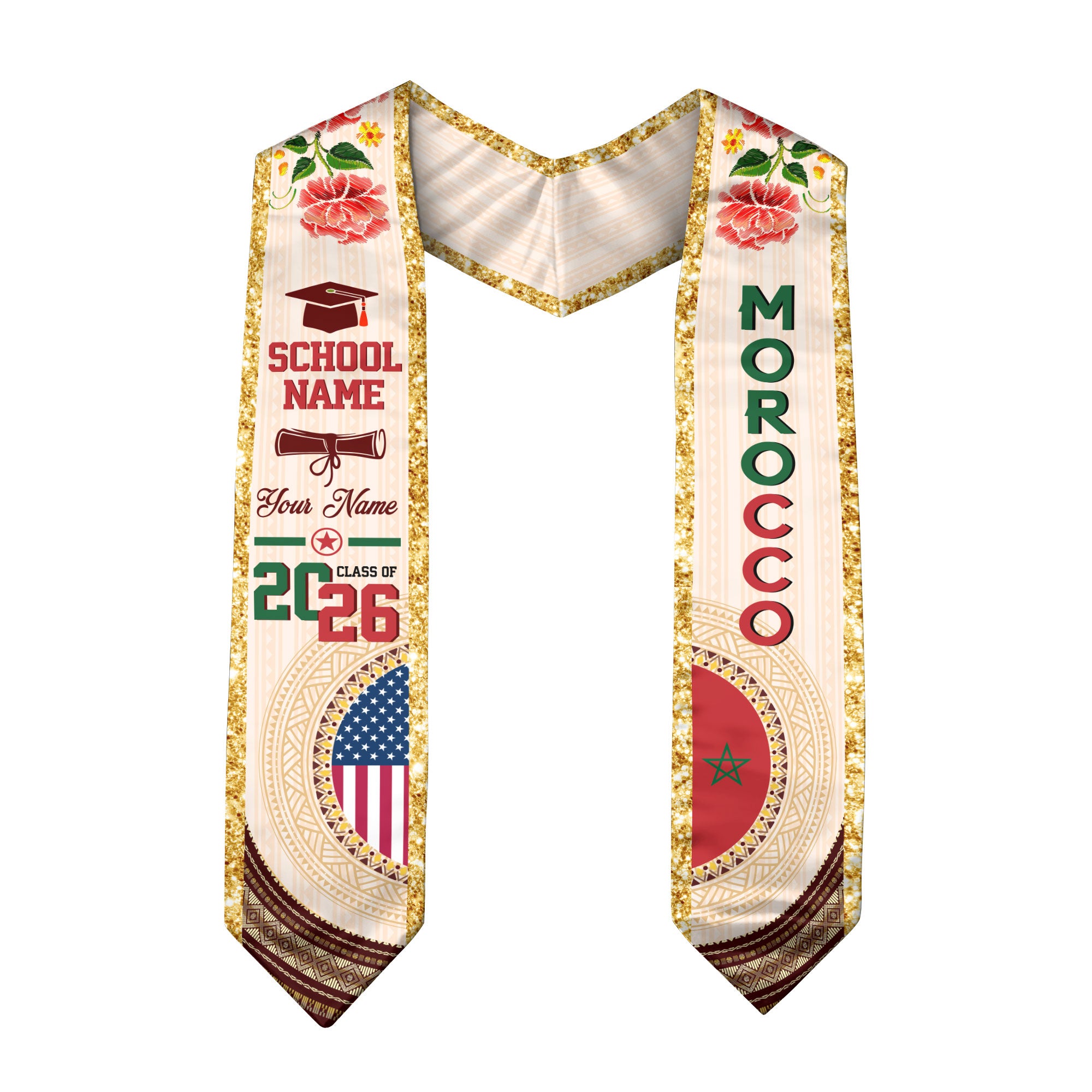 Moroccan Flag Graduation Sash 2026, Morocco Stole, Custom Detail Option for Graduates