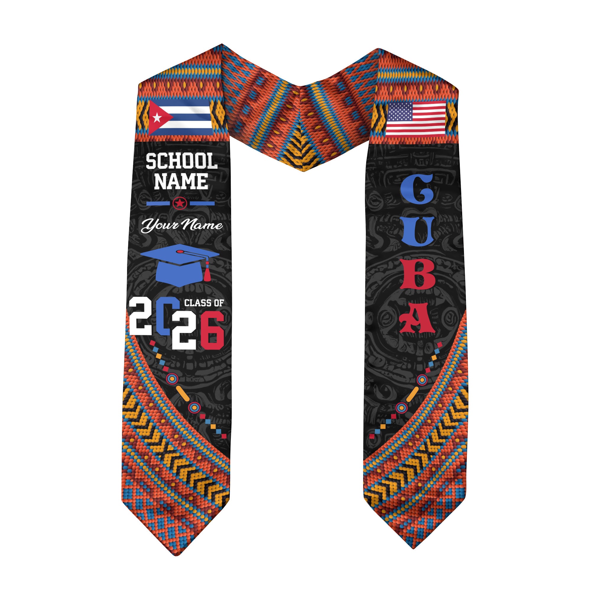 Cuba Flag Graduation Stole 2026, Cuban Grad Sash, Custom Details for Graduates 2026