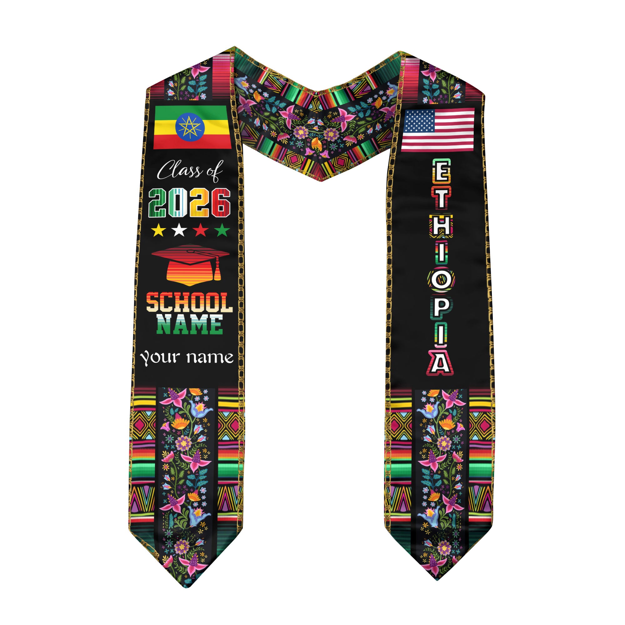 Ethiopia Graduation Sash 2026, Ethiopian Flag Graduation Stole, Personalized Finish for Grads