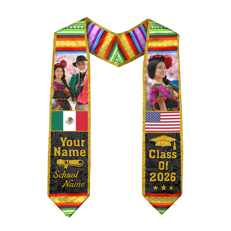 2026 Mexico Graduation Stole, Mexico Flag Sash, Personal Name Detail Option for Grads
