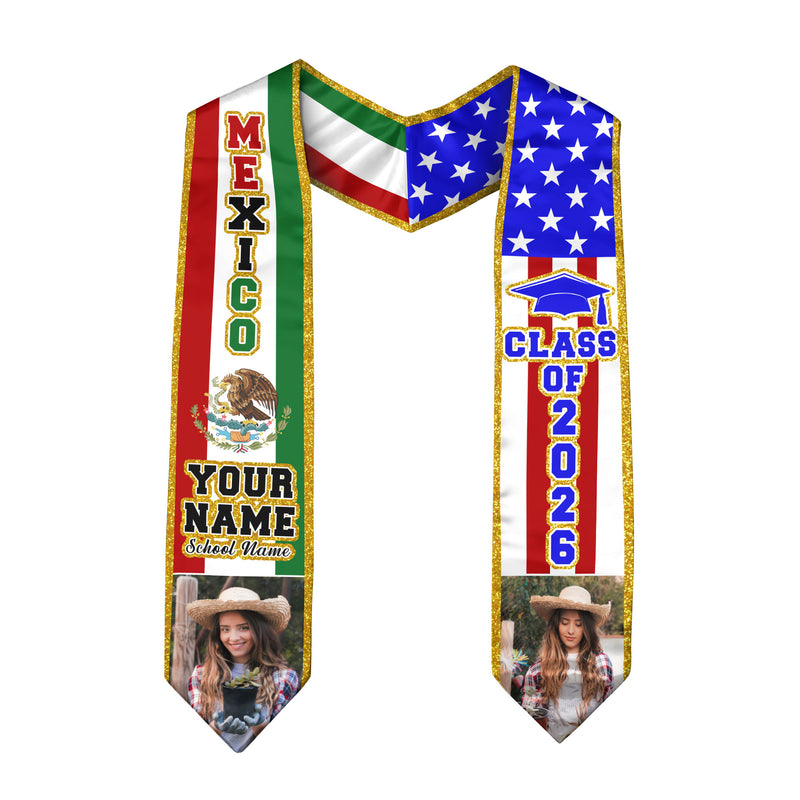 2026 Mexican Flag Stole for Graduation, Mexico Graduation Sash, Personal Detail Option