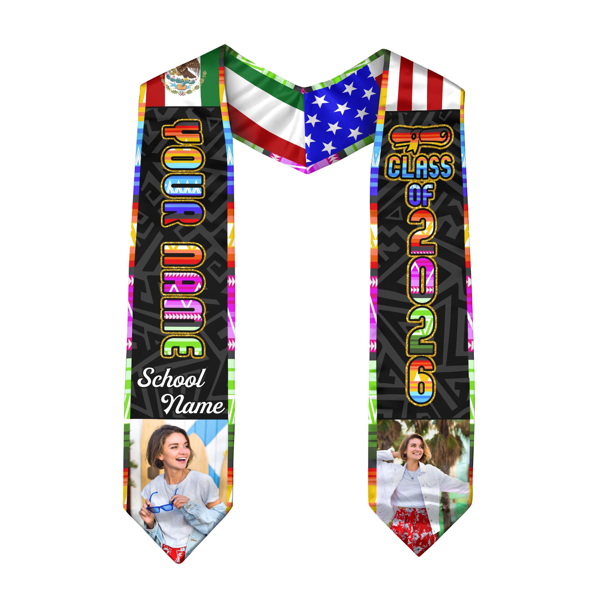 Mexico Graduation Sash 2026, Mexican Flag Stole, Optional Name Detail for Proud Grads