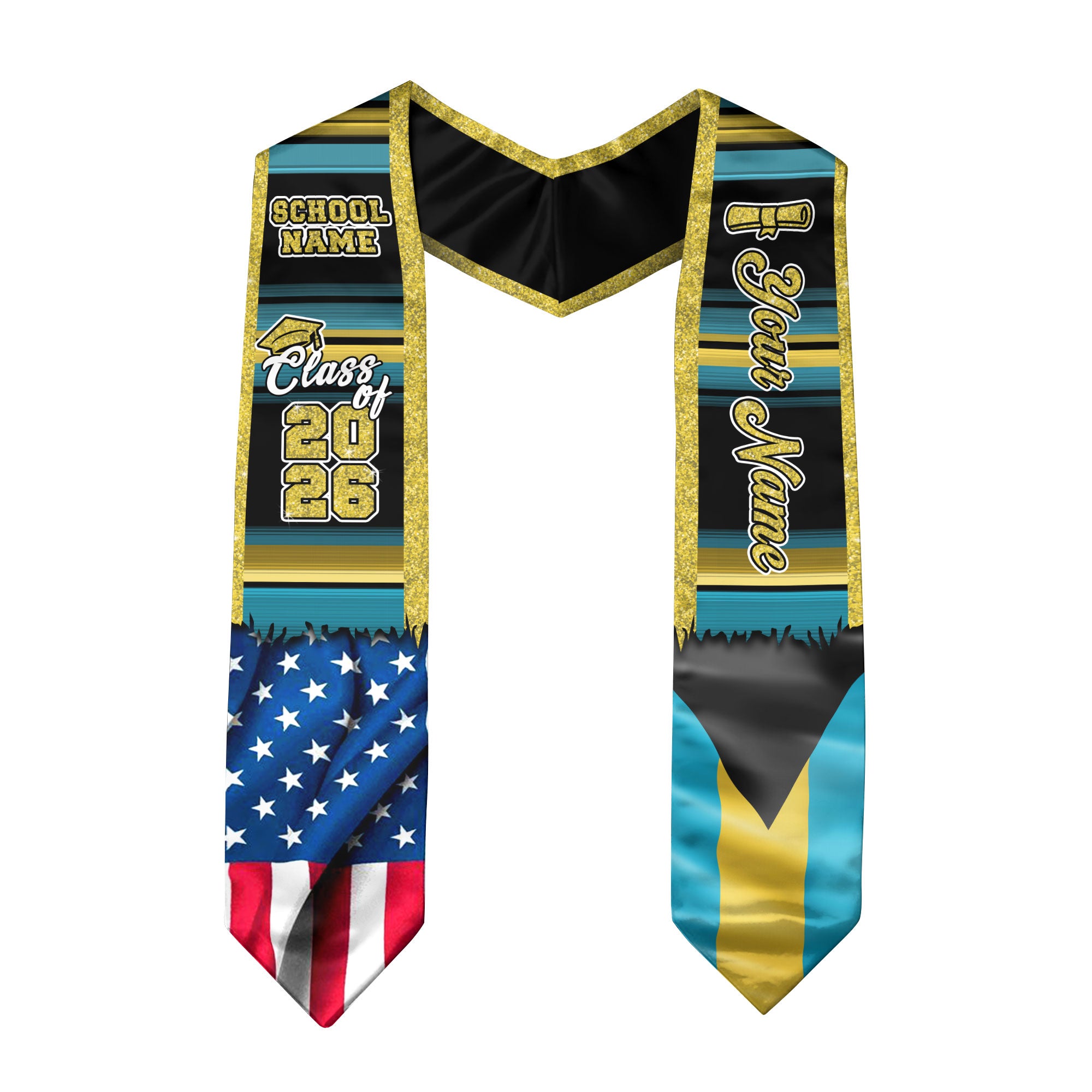 Customized Bahamas Graduation Stole Featuring Island Flag Colors, Graduation Sash for the Class of 2026