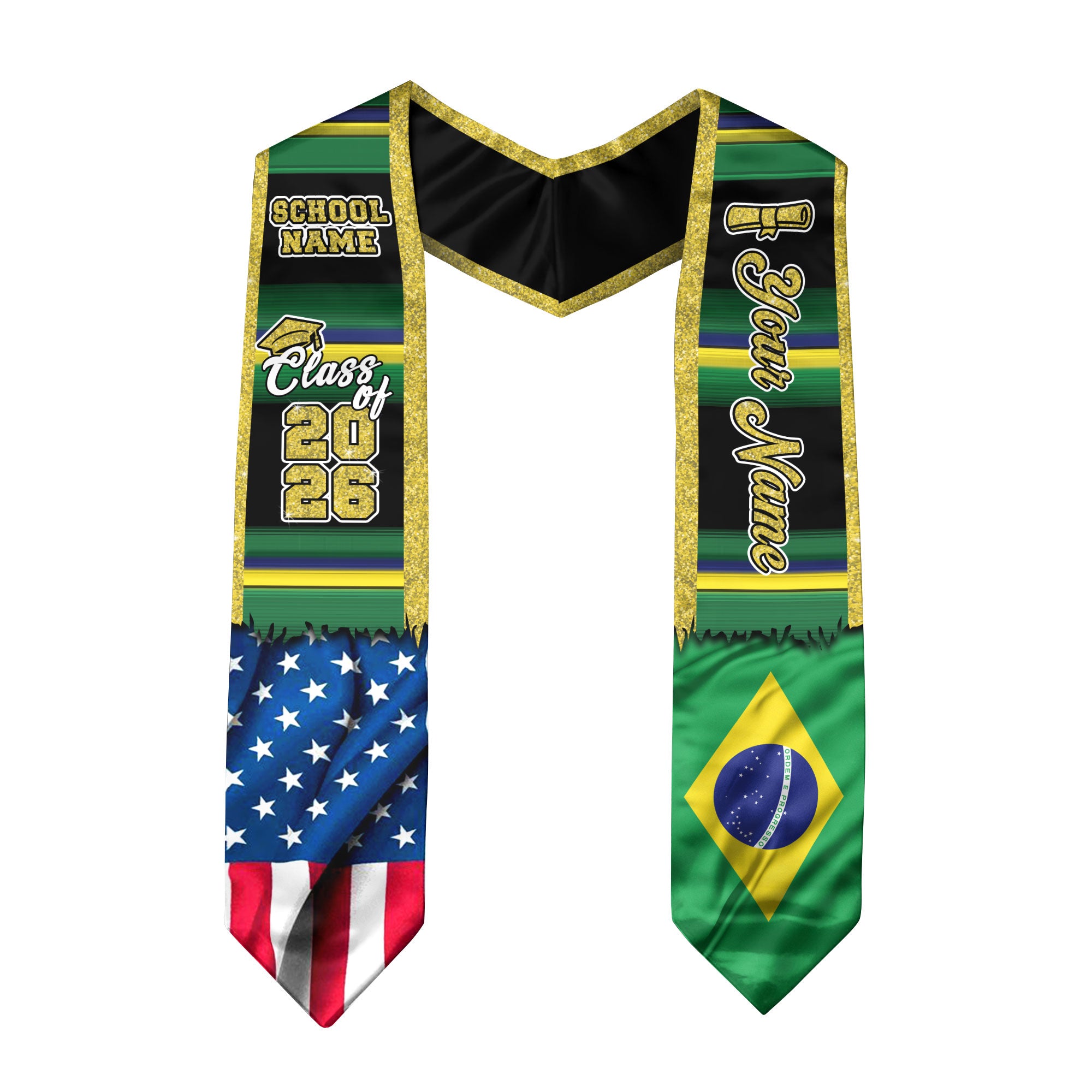 Customized Brazil Graduation Stole Showcasing Brazilian Flag Heritage, Graduation Sash for Class of 2026