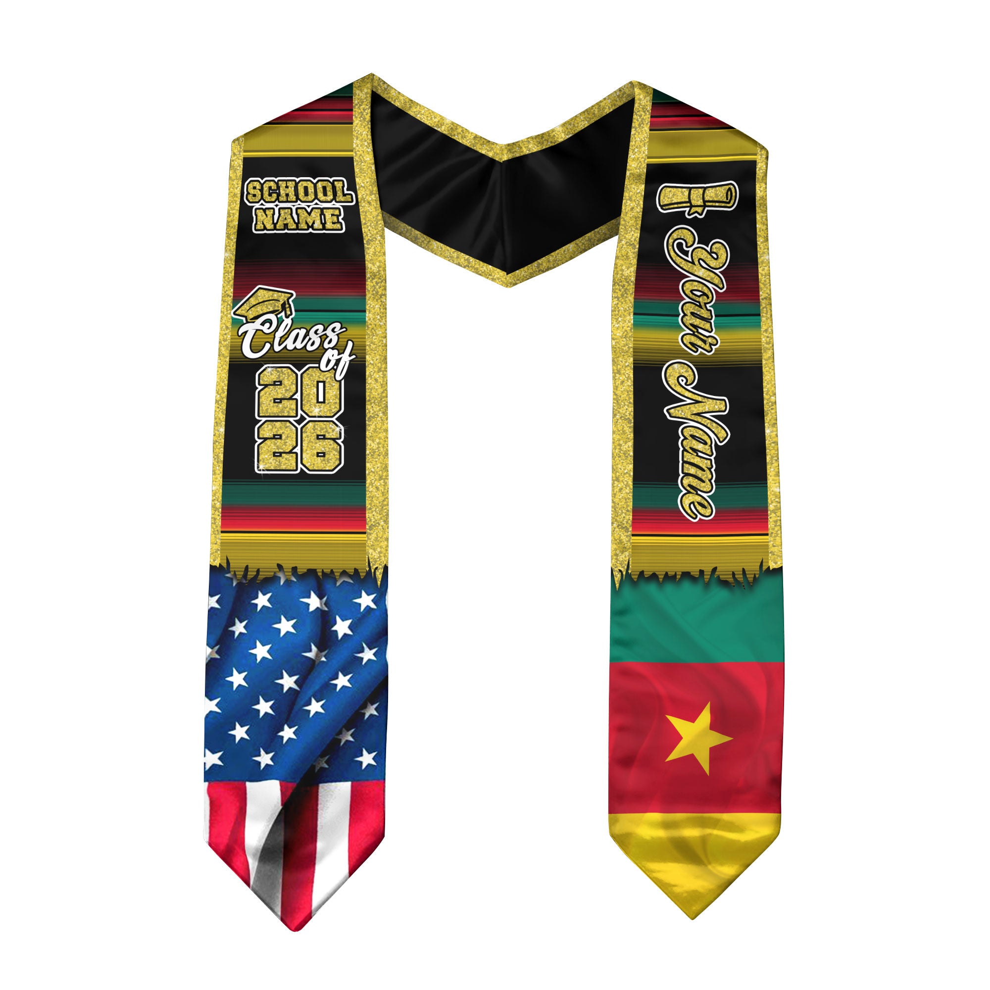 Customized Cameroon Graduation Stole with National Flag Motif, Graduation Sash Celebrating 2026 Graduates