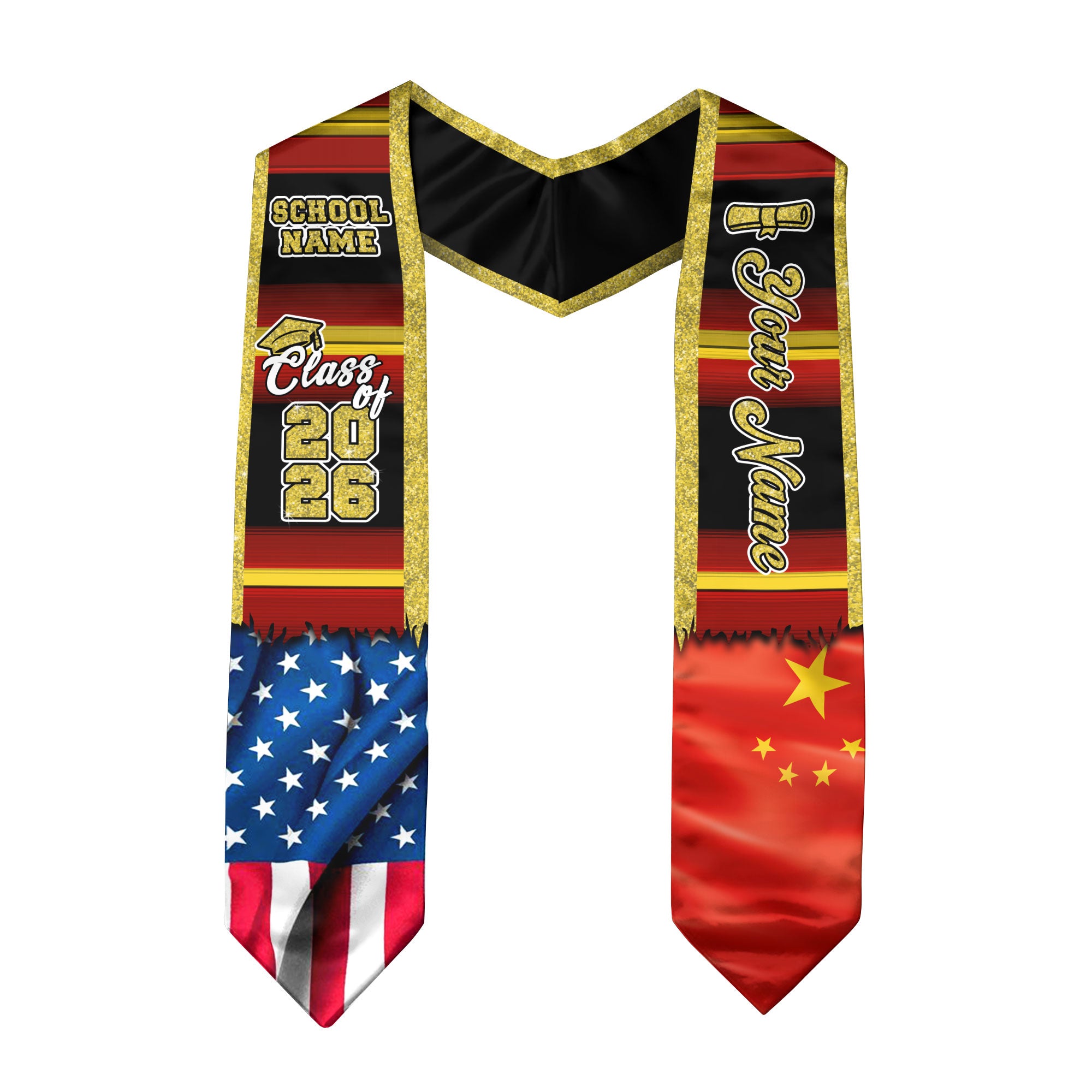Customized China Graduation Stole Highlighting Chinese Flag Elements, Graduation Sash for Class of 2026