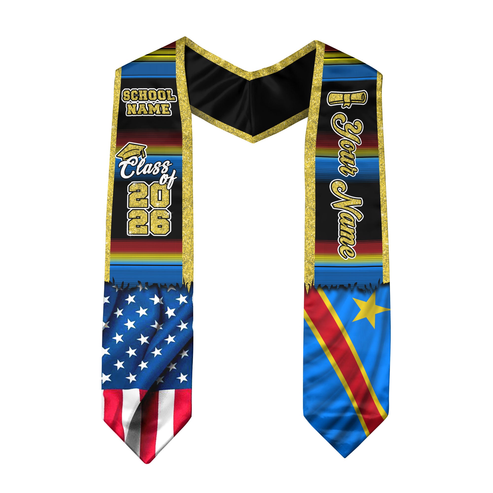 Customized DR Congo Graduation Stole with Congolese Flag Inspired Motif, Graduation Sash for 2026